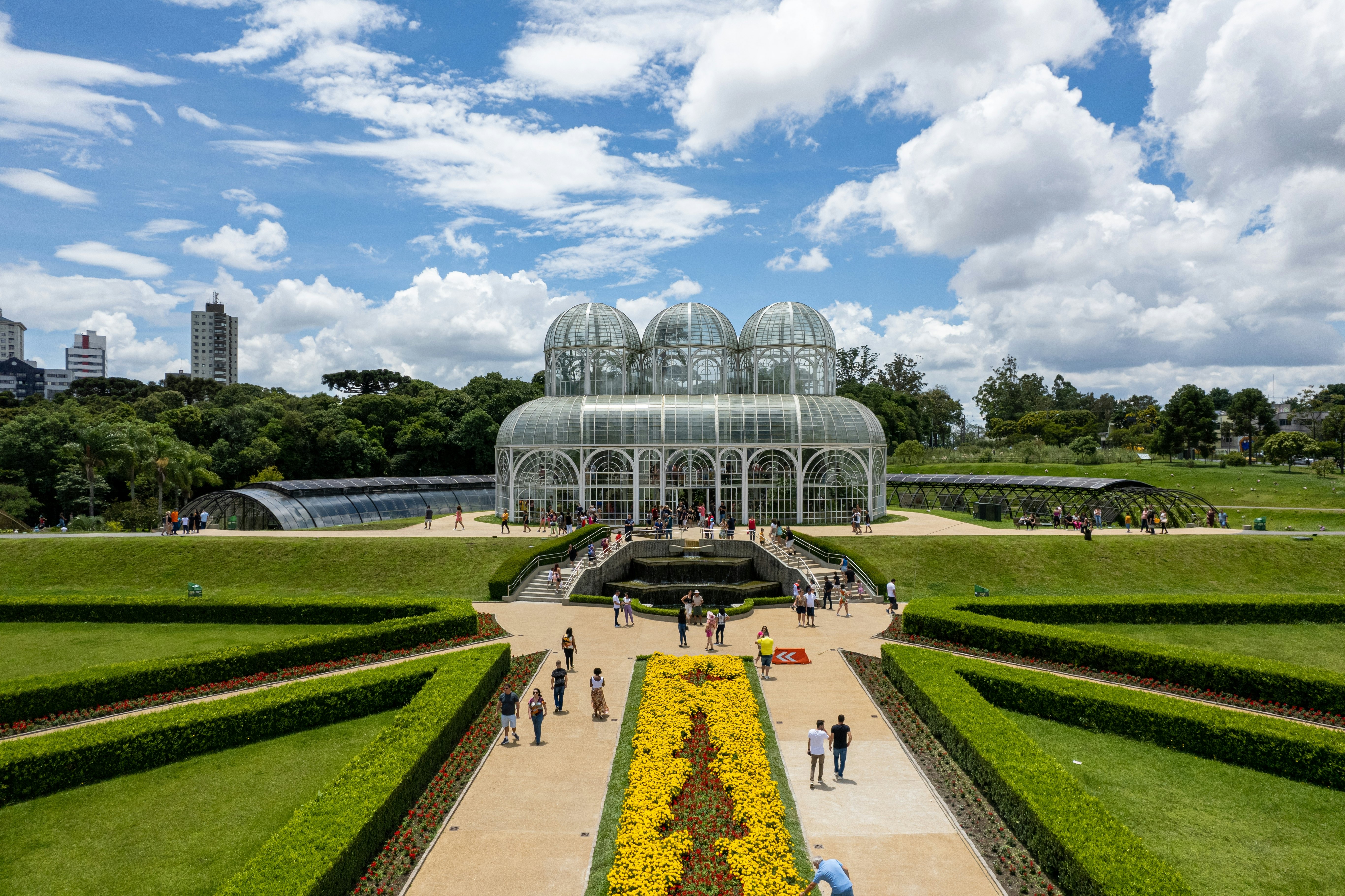 An aerial view of the greenhouse at the Botanical Garden of Curitiba, Paraná, Brazil