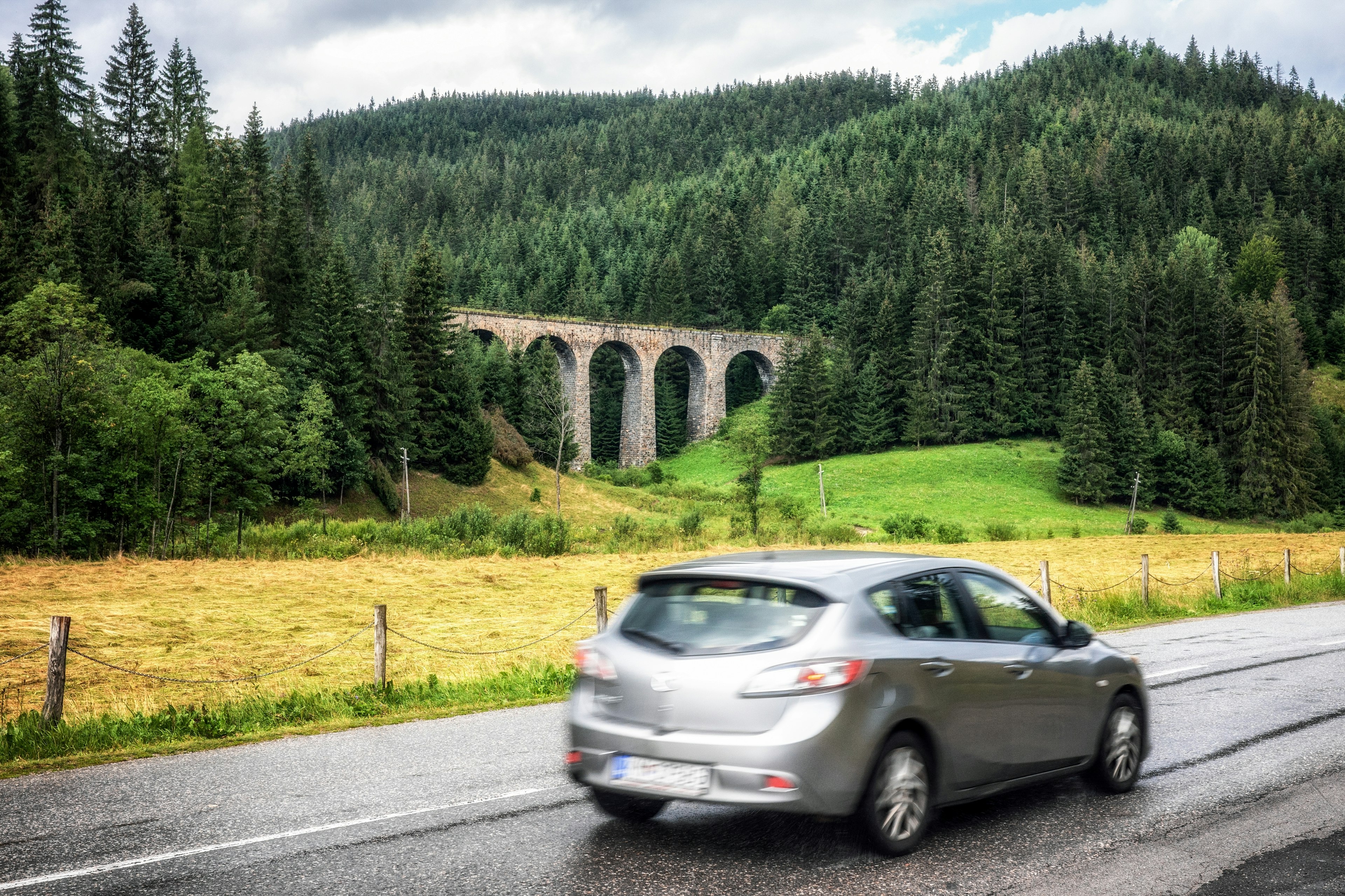 A car passes Chmarossky viaduct in Slovakia