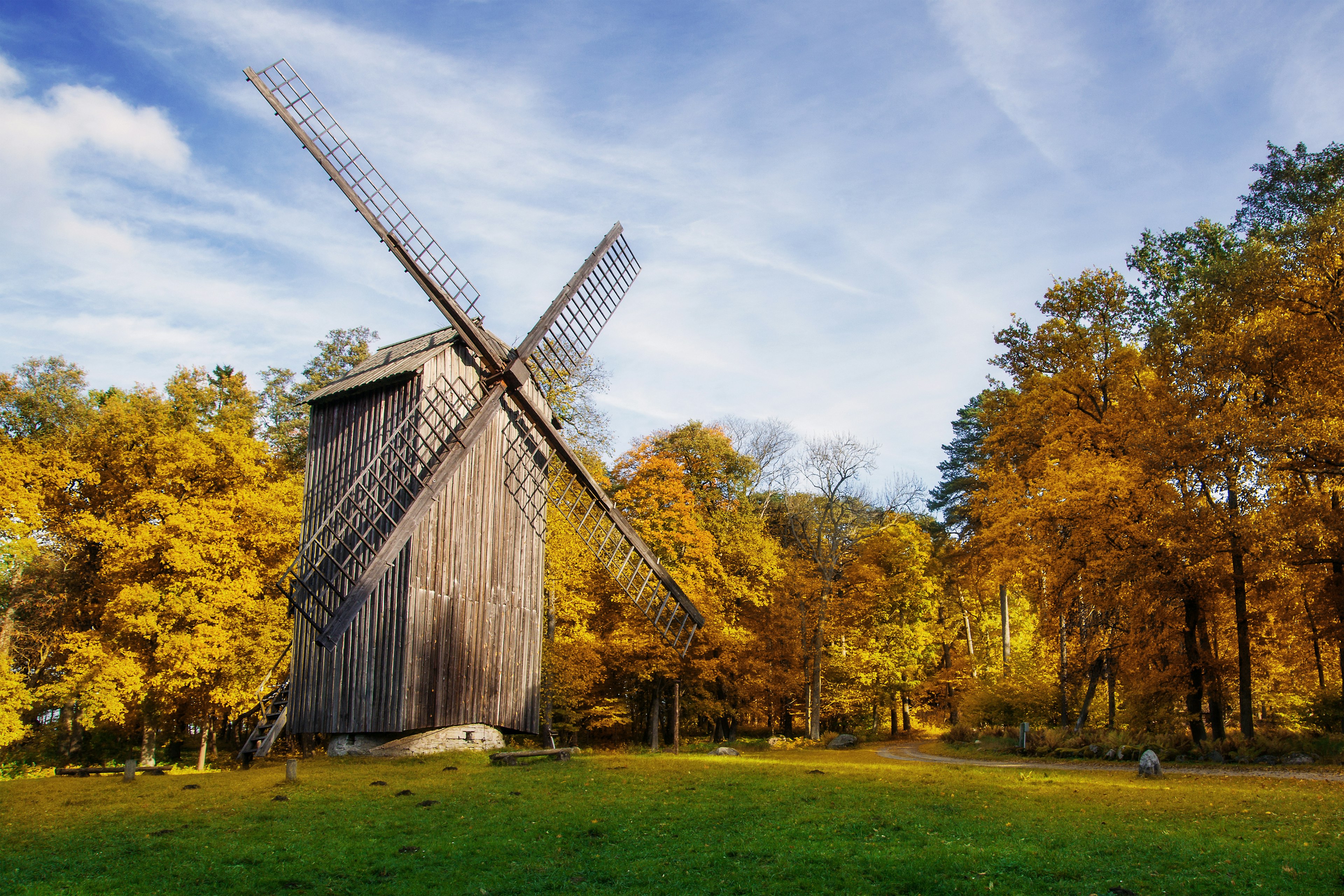 Ancient wooden windmill. The open air Museum in Tallinn. Photographed in the fall. Historical landmark of Estonia