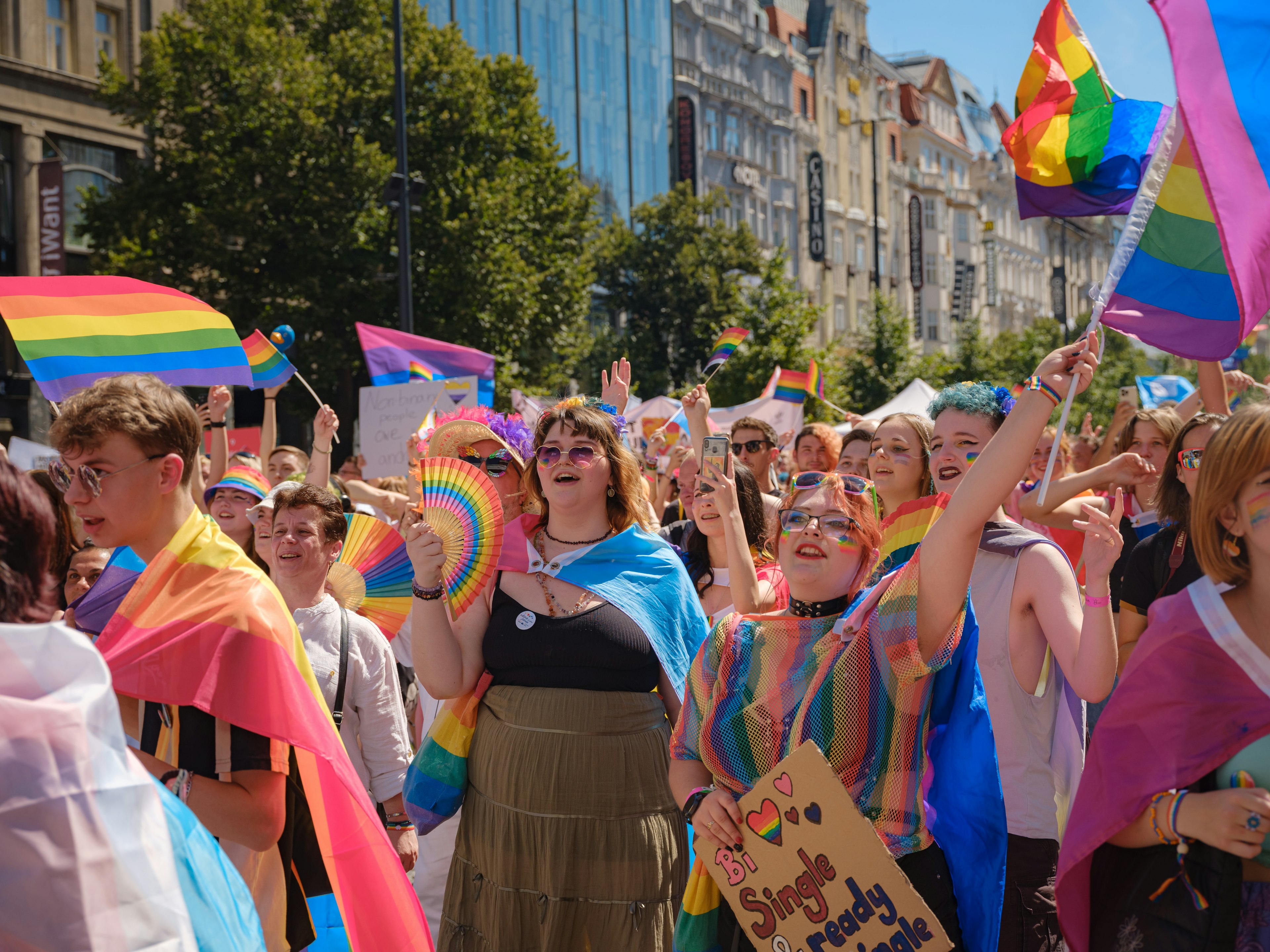 Prague Pride Festival Parade. bright and happy parade visitors with rainbow and other LGBTQ attributes