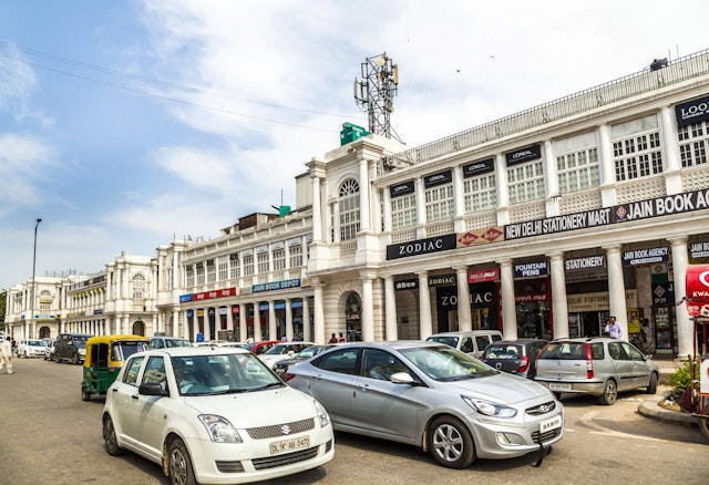 Cars parked outside Connaught Place in Delhi