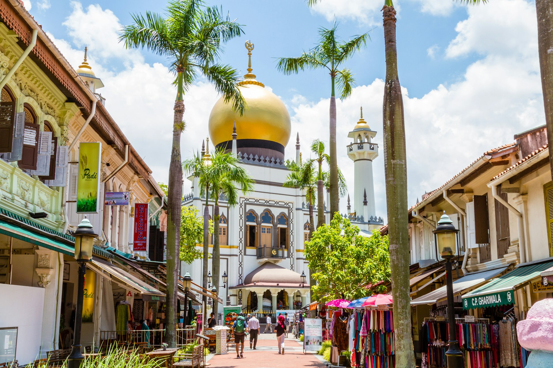 A path lined with palm trees leads to a golden domed mosque