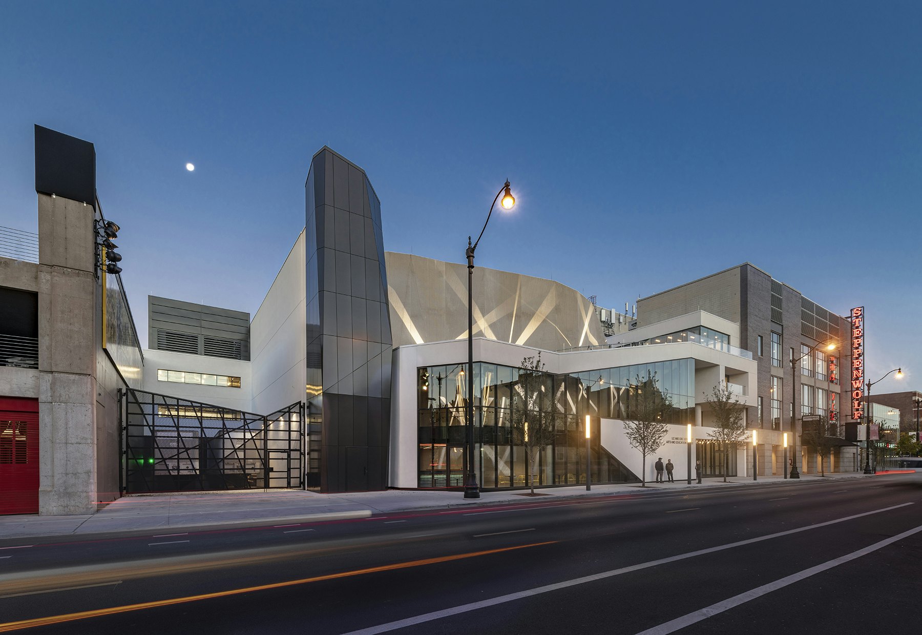 The modern glass-and-concrete exterior of Chicago's Steppenwolf Theatre