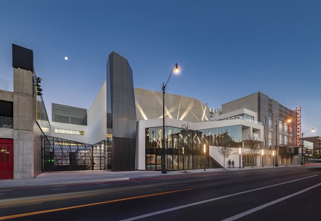 The modern glass-and-concrete exterior of Chicago's Steppenwolf Theatre