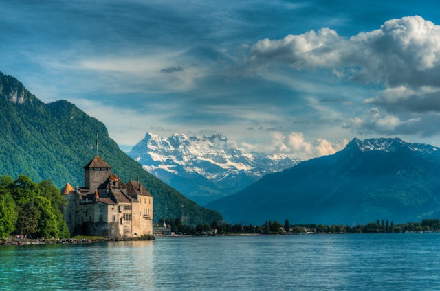 Chillon Castle on the island Vaud, Switzerland