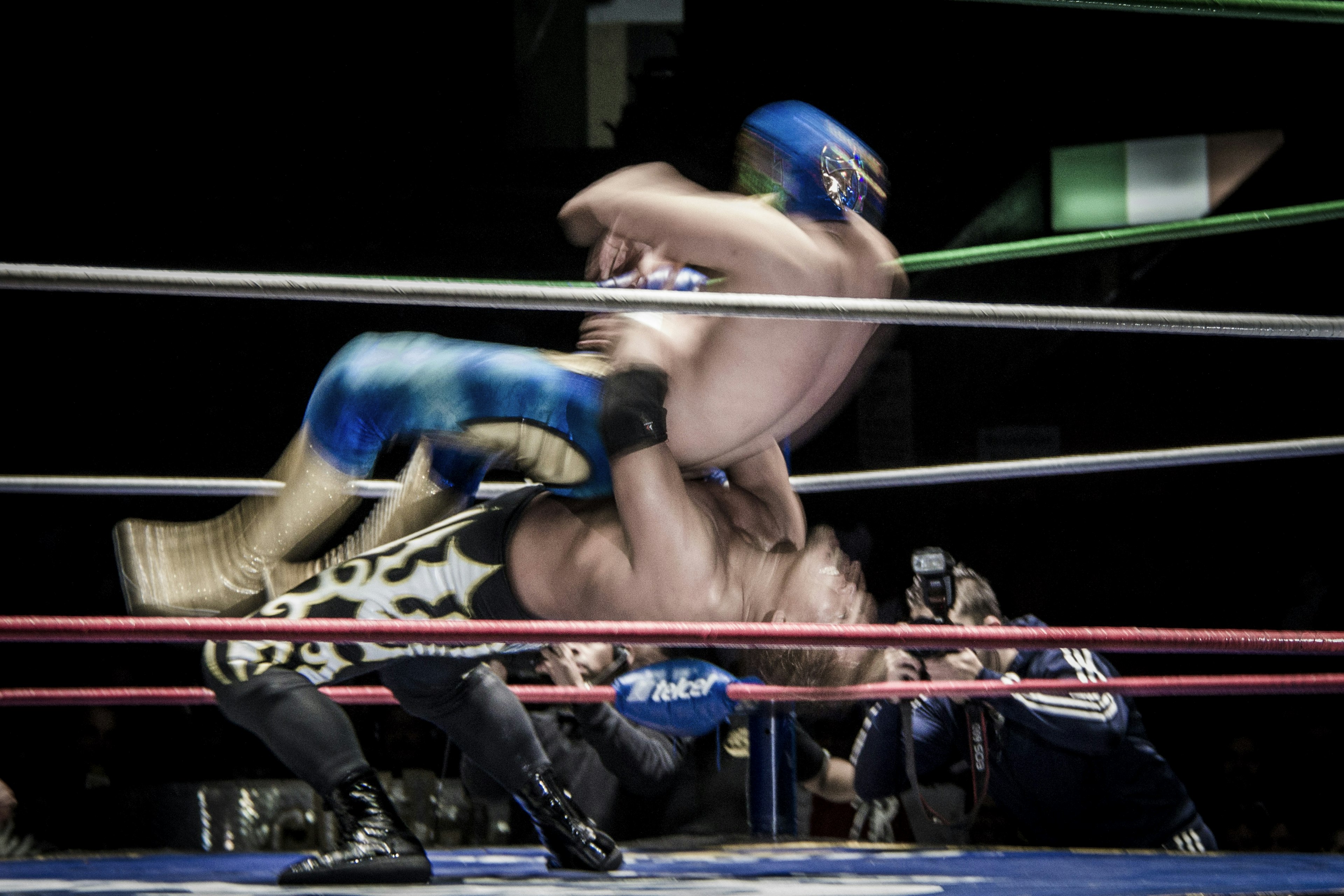 Two lucha libre wrestlers fight in a ring in Mexico