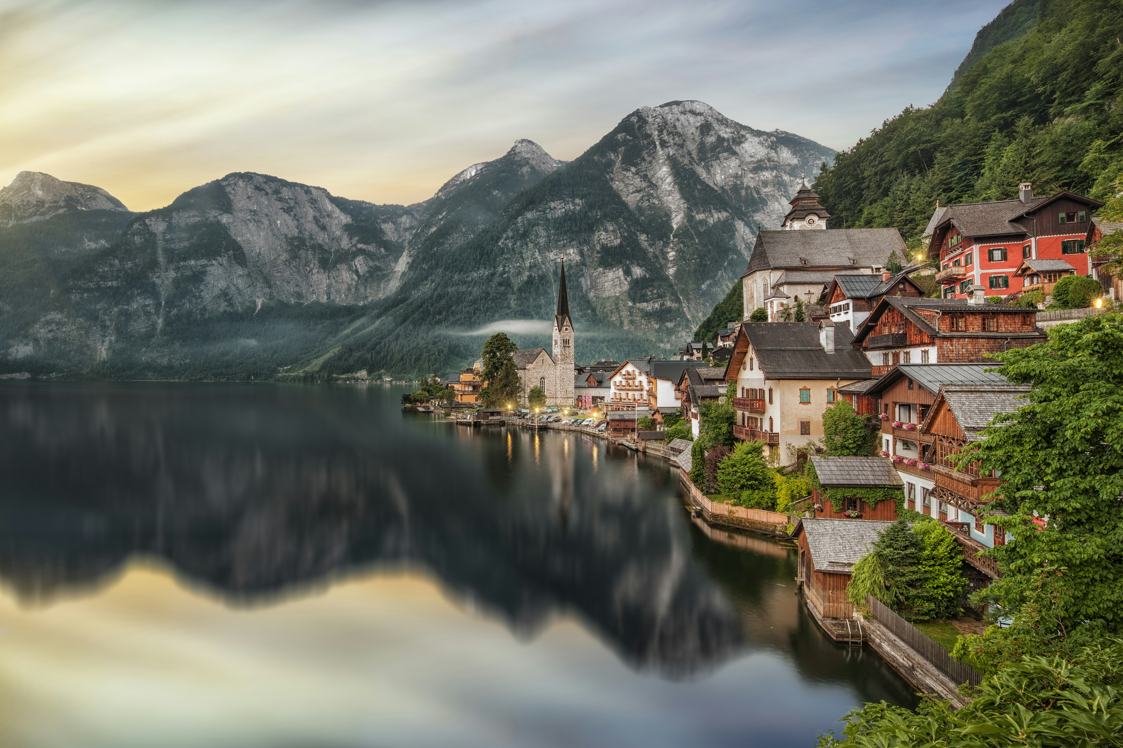 Evangelical Church of Hallstatt looks out across Lake Hallstatt