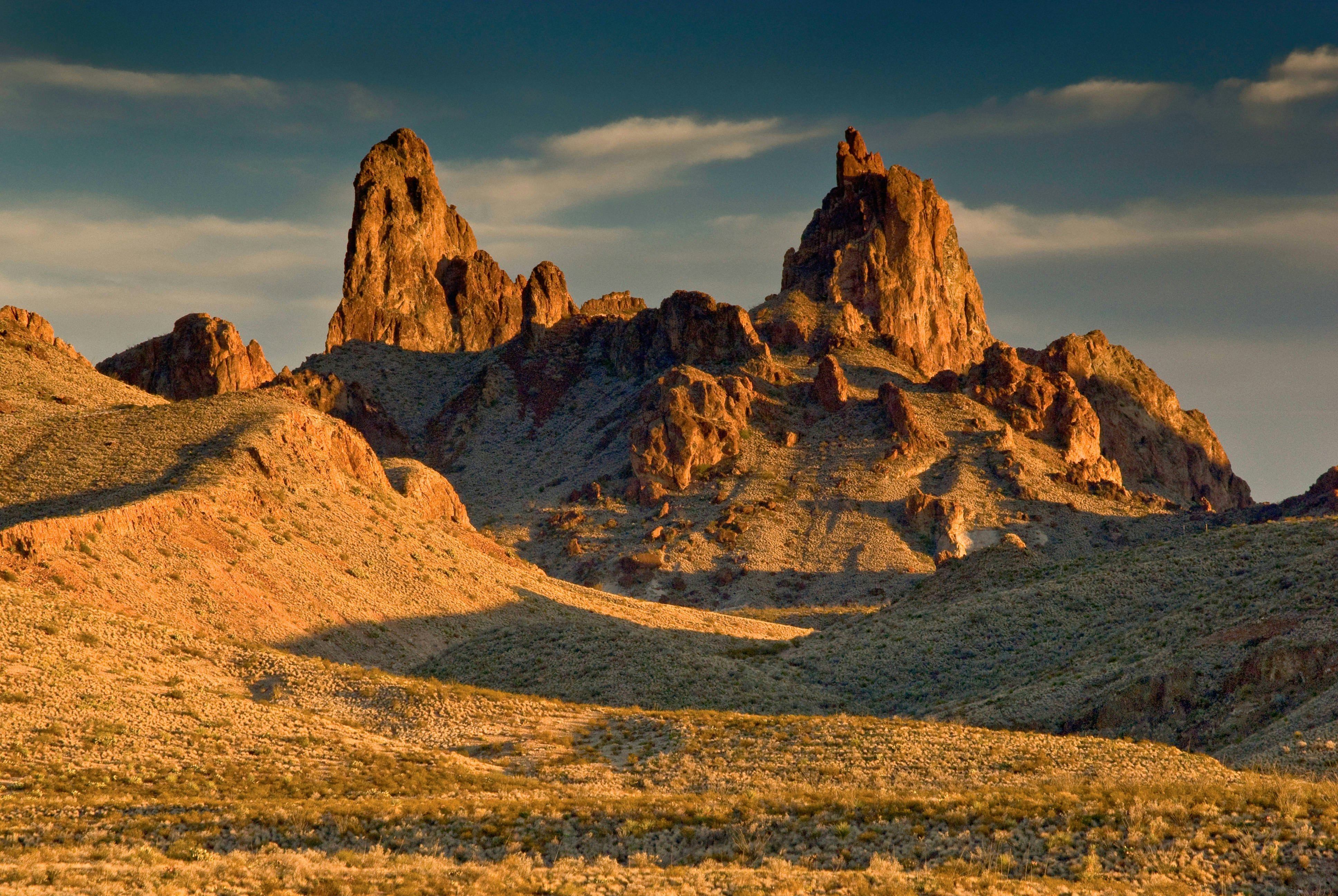 Mule Ears Peaks at sunset in the Chihuahuan Desert.