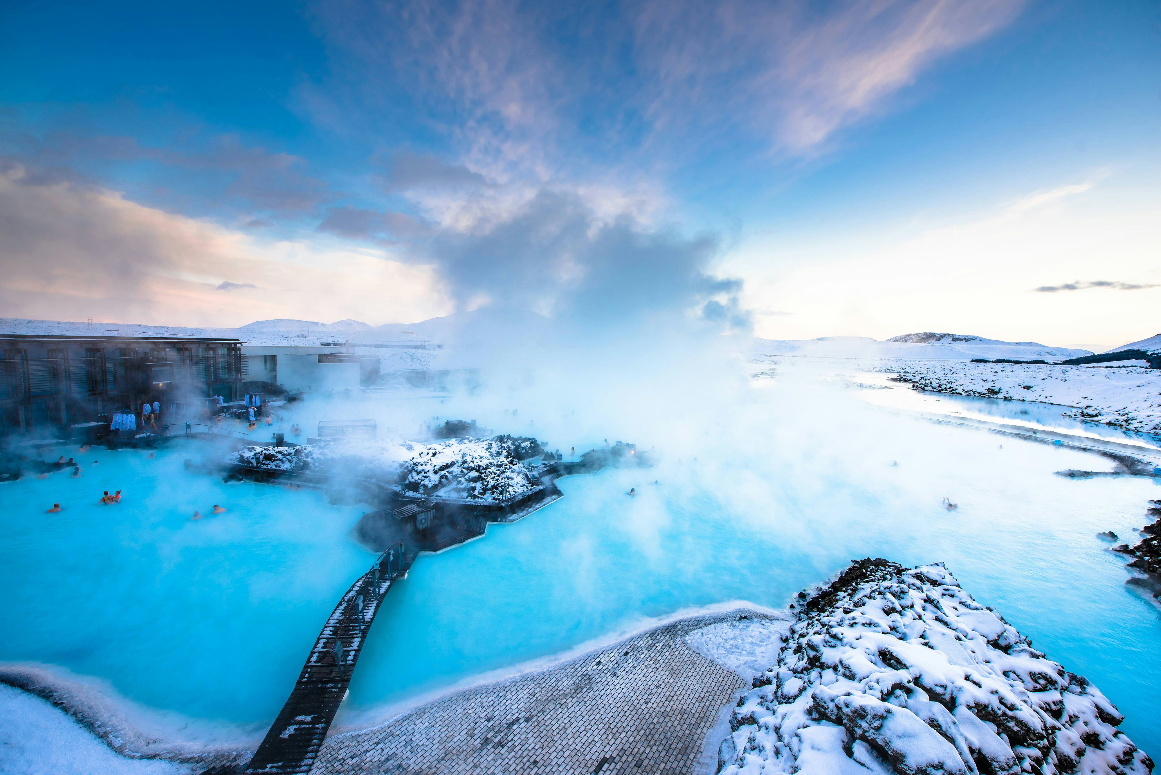 Steam and clouds rise above the Blue Lagoon in Iceland