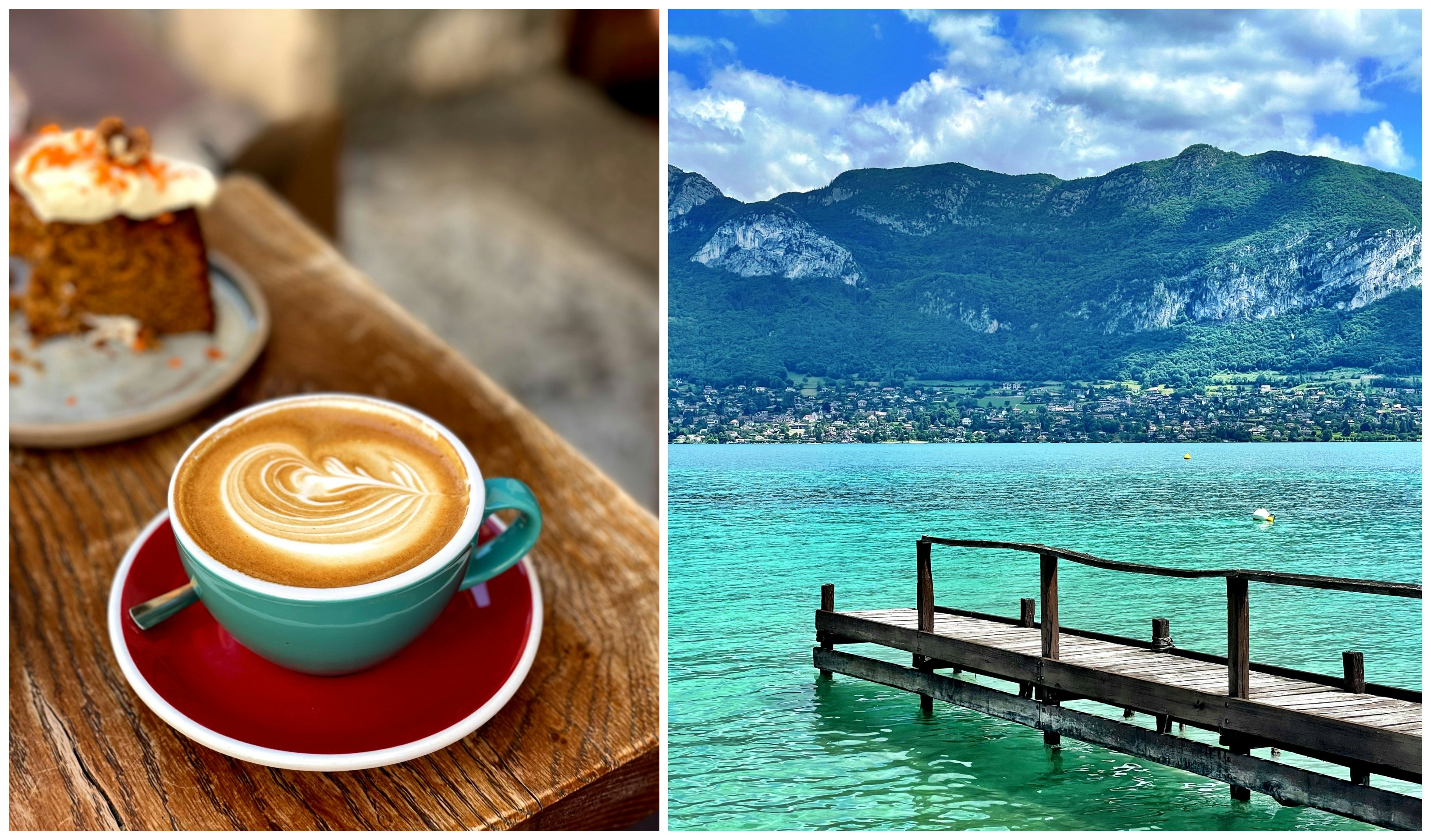 Left: Coffee from Café Bunna Annecy, Right: Pier at Le Poisson Rouge.