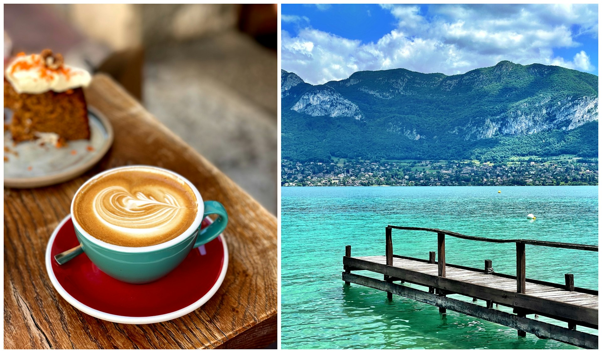 Left: Coffee from Café Bunna Annecy, Right: Pier at Le Poisson Rouge. 