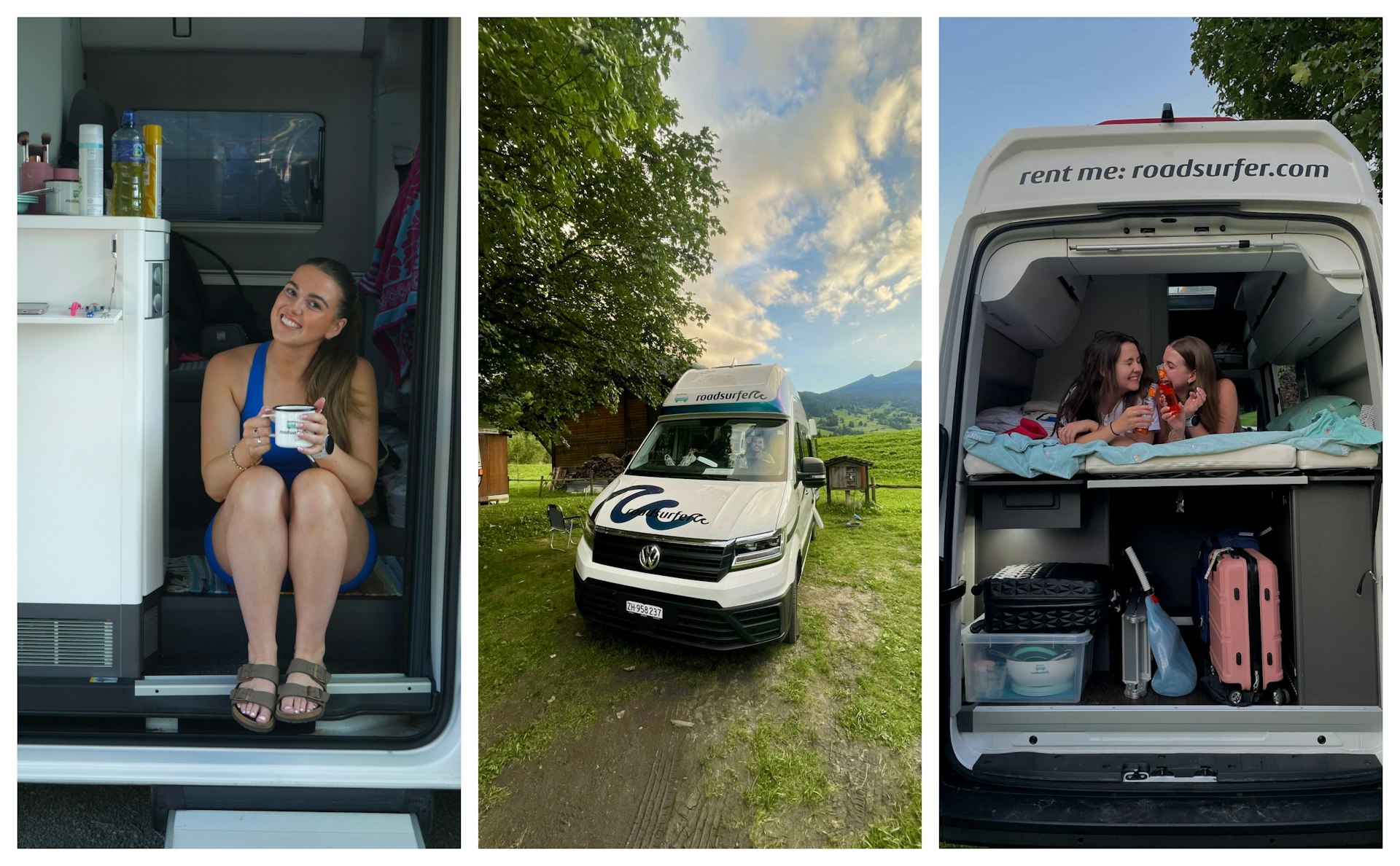 Three images of a camper van in Switzerland. Image 1 is a woman drinking coffee inside. Image 2 is the front of the van with a field behind. Image three is the opened back door with two girls on a bed on top and luggage storage below