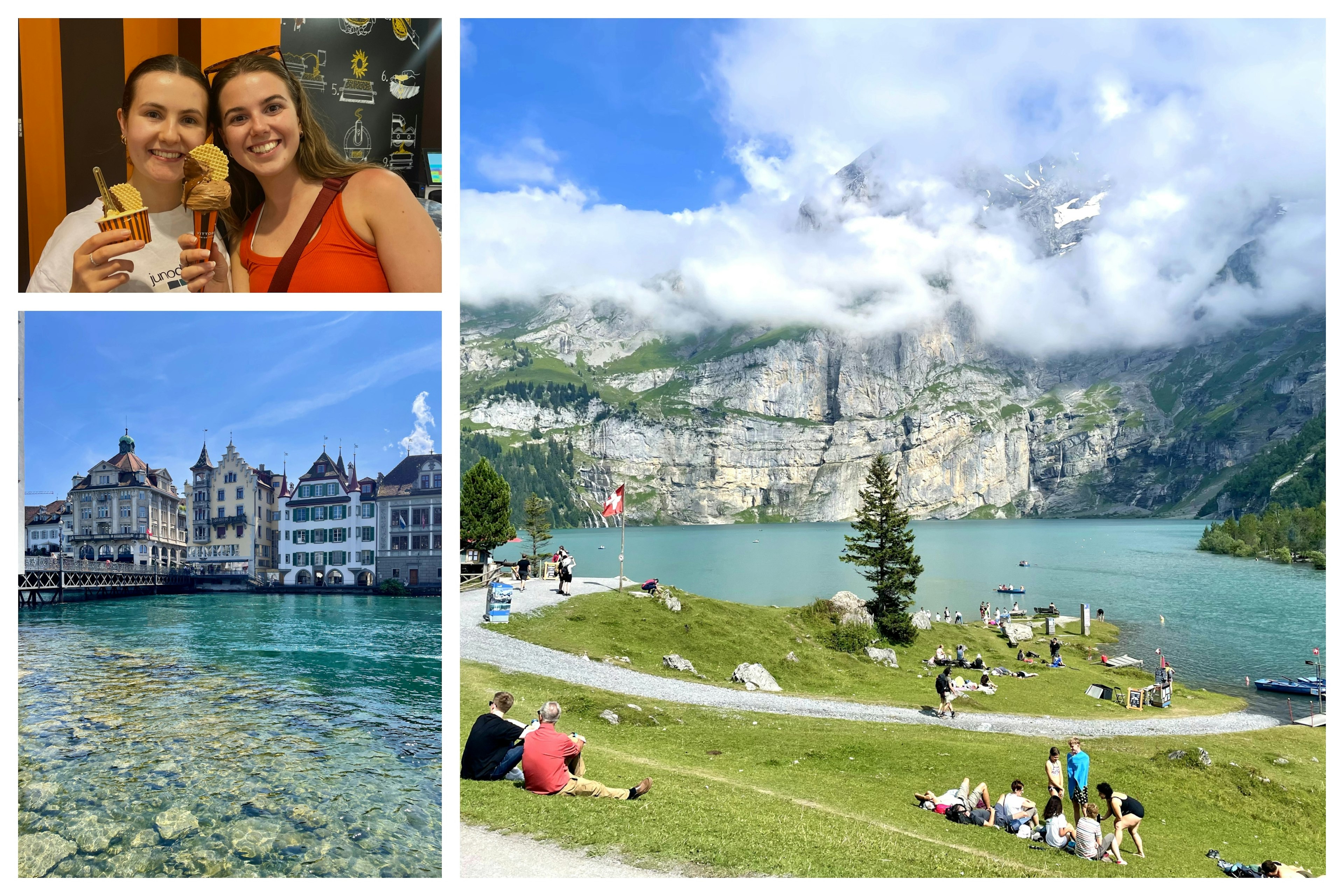 Three images of a roadtrip in Switerland. Top left is two women with ice cream cones. Bottom left is row homes in Lucerne, Switzerland. Right image is a turquoise lake in the mountains with a hut and swimmers.