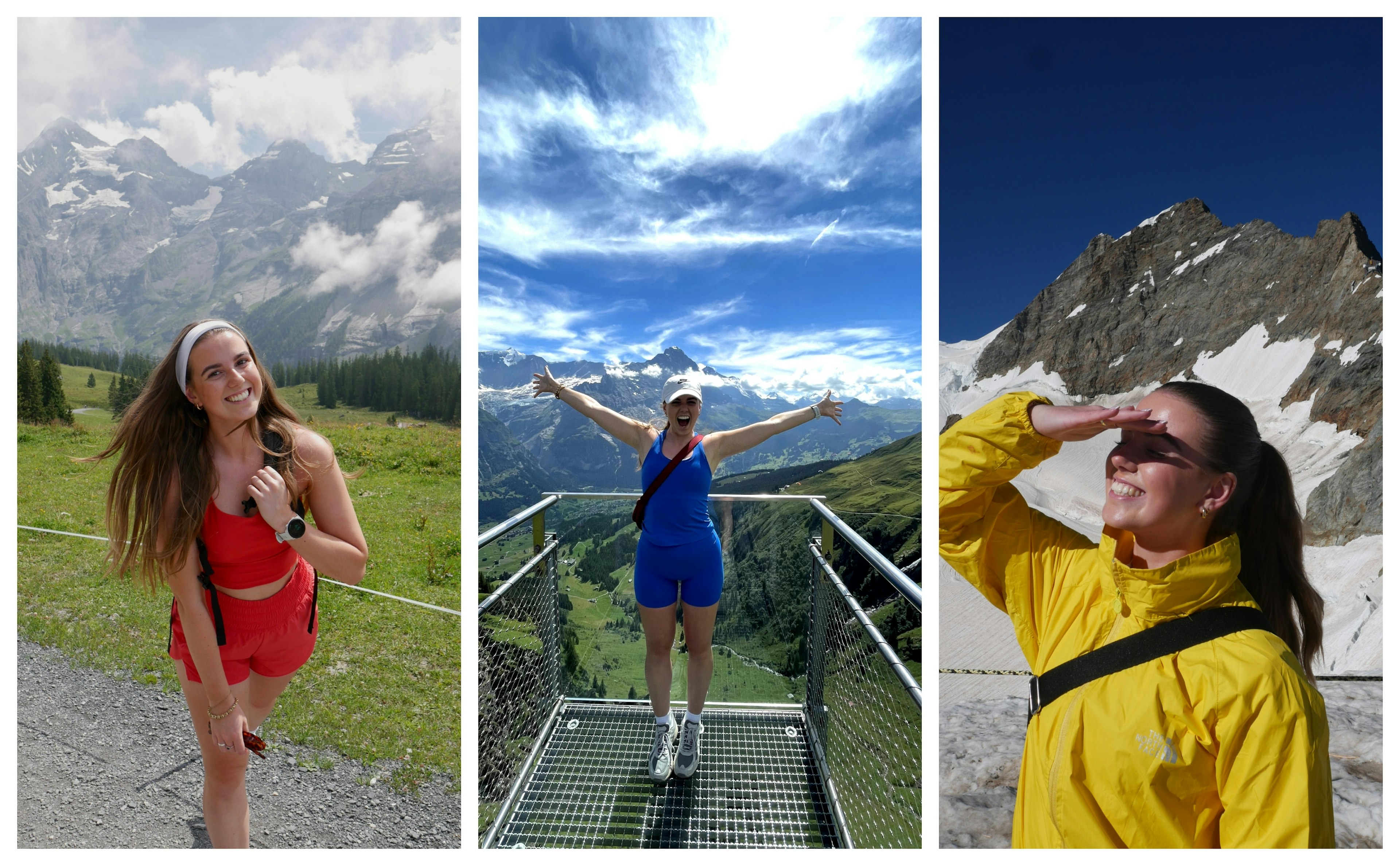 three images of a woman in Switzerland image on the left she is wearing red athletic wear, middle standing over a beautiful view in blue and the third she is blocking her face from the sun in a yellow jacket with a snowy peak behind her