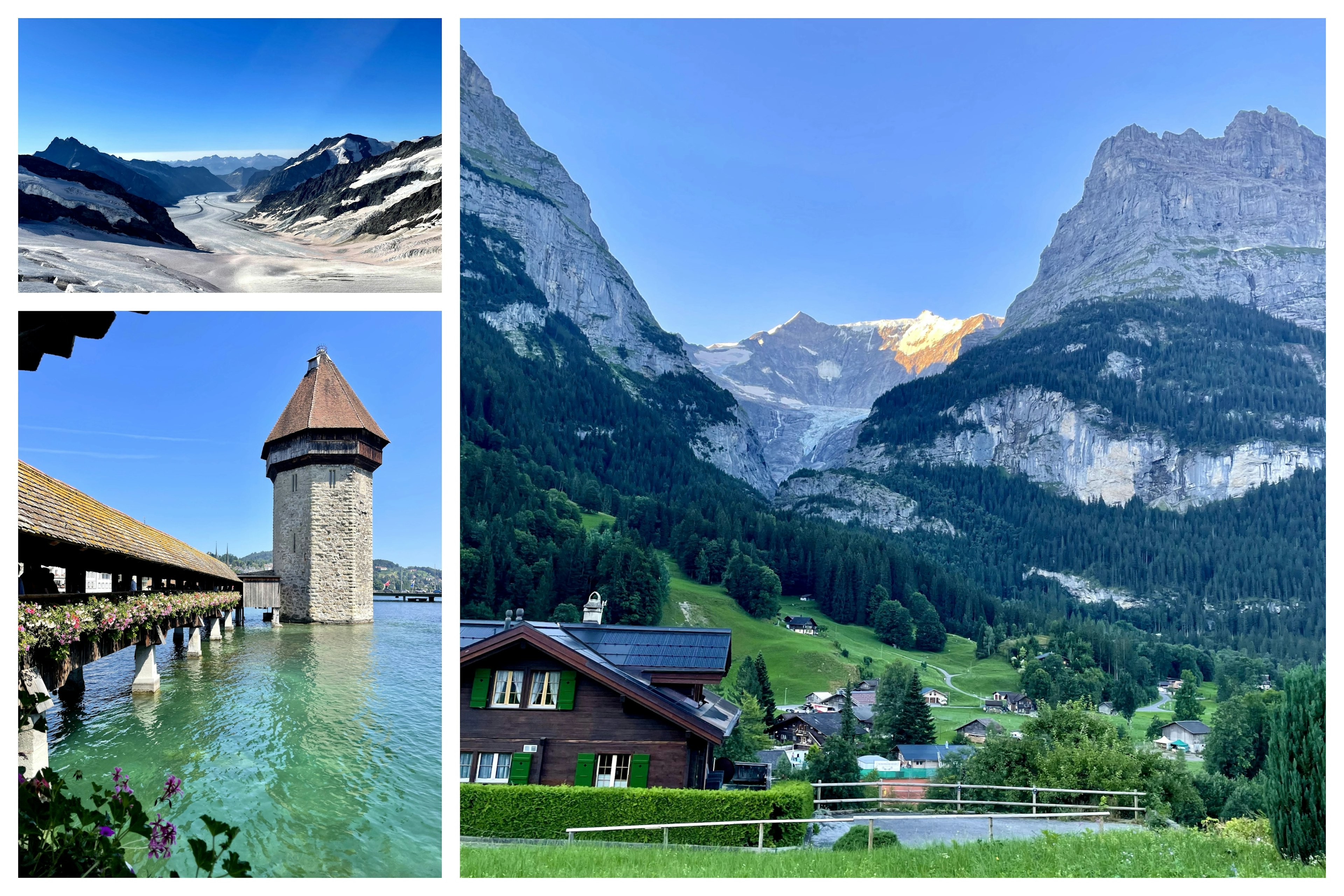 three images of various views in Switzerland. Top left is a glacier, bottom left is the water tower in Lucerne, Right image is of a picturesque mountain town