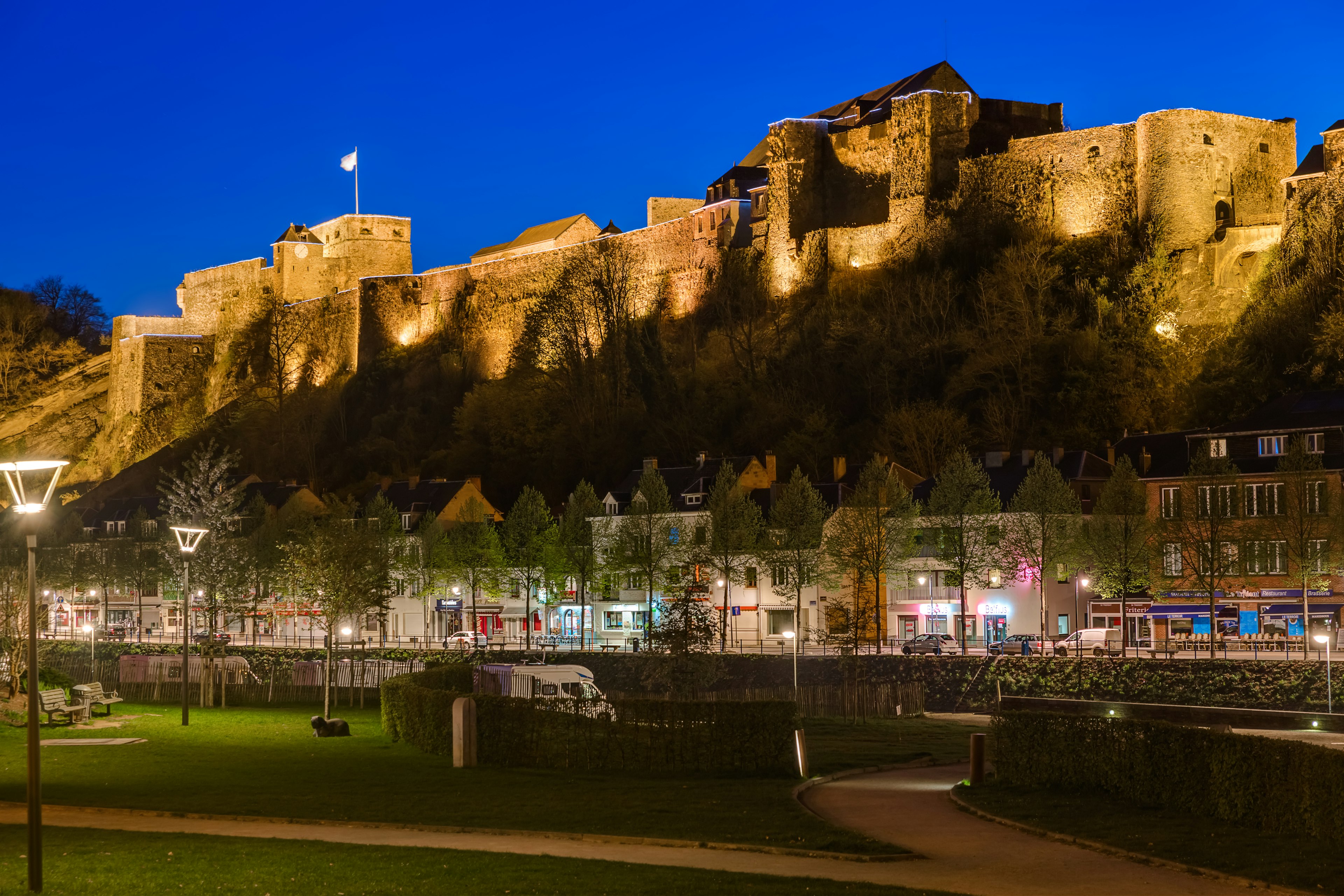 A view of the village and illuminated castle of Bouillon, Ardennes, Belgium, Europe