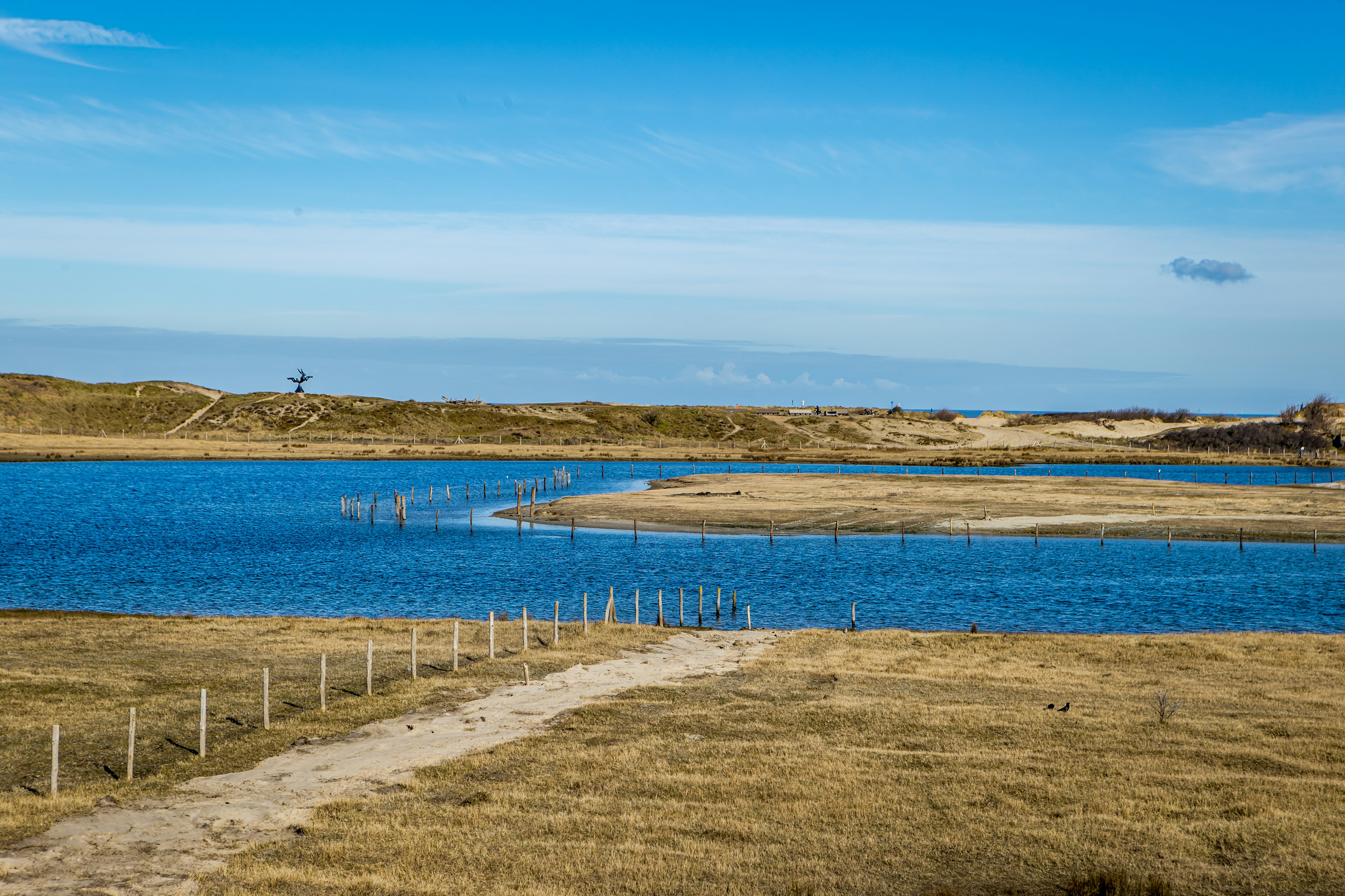 A dirt path cuts through grassland and leads down to the water at Zwin Nature Park, in the North coast of Belgium.