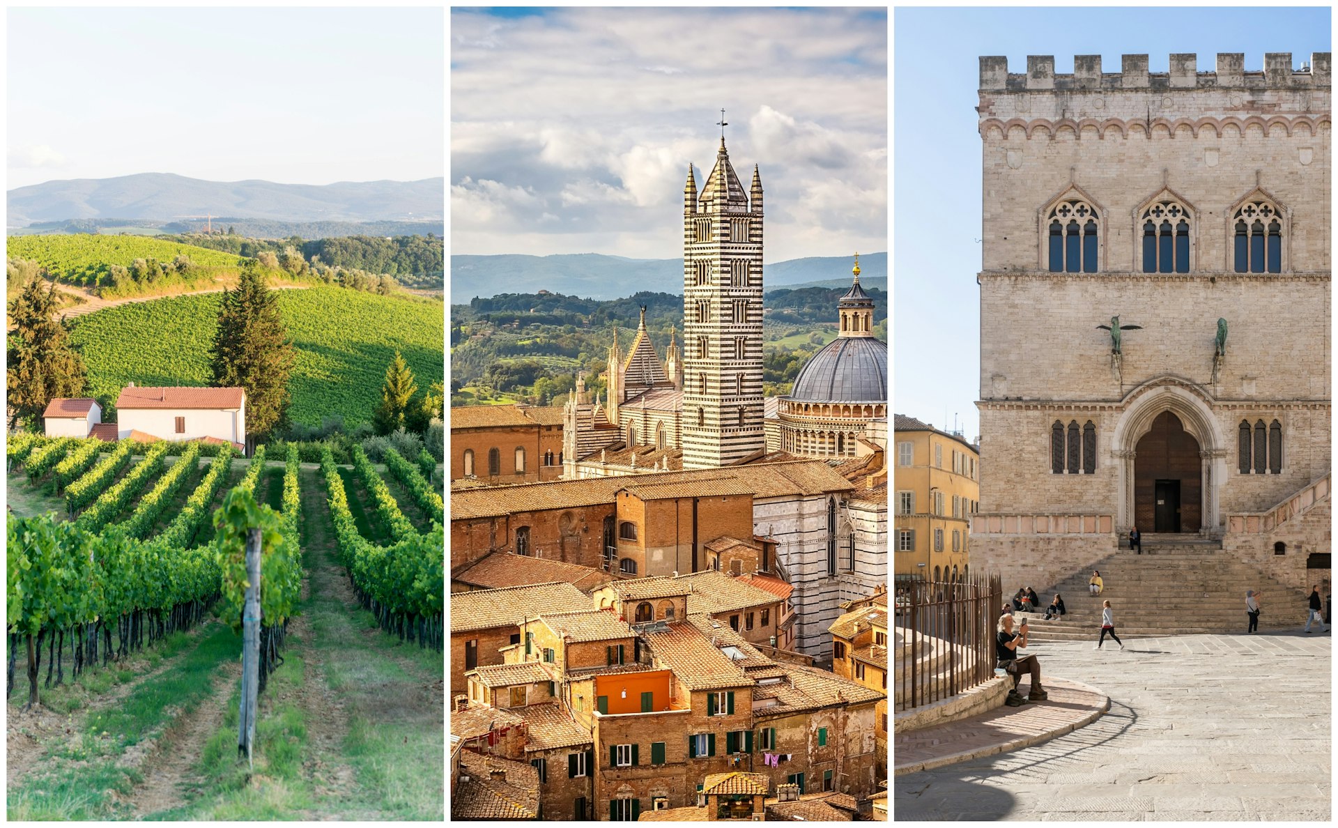 Left: a rural scene of Chianti vineyards; middle: a tall striped bell tower; right: a medieval town square