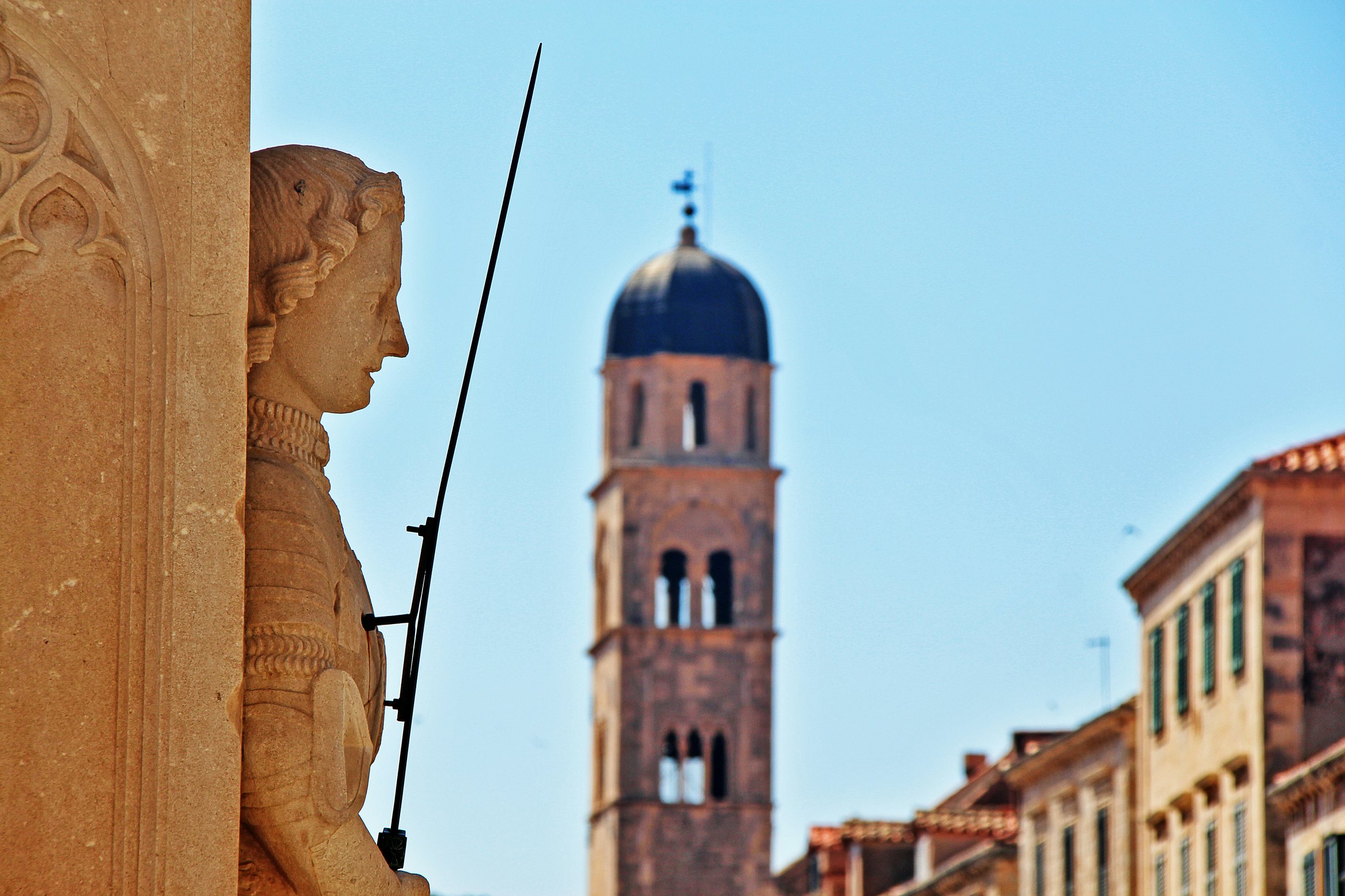 Orlando Column, a stone column, deep carved in the form of an ancient knight on Luza square, Dubrovnik, Croatia