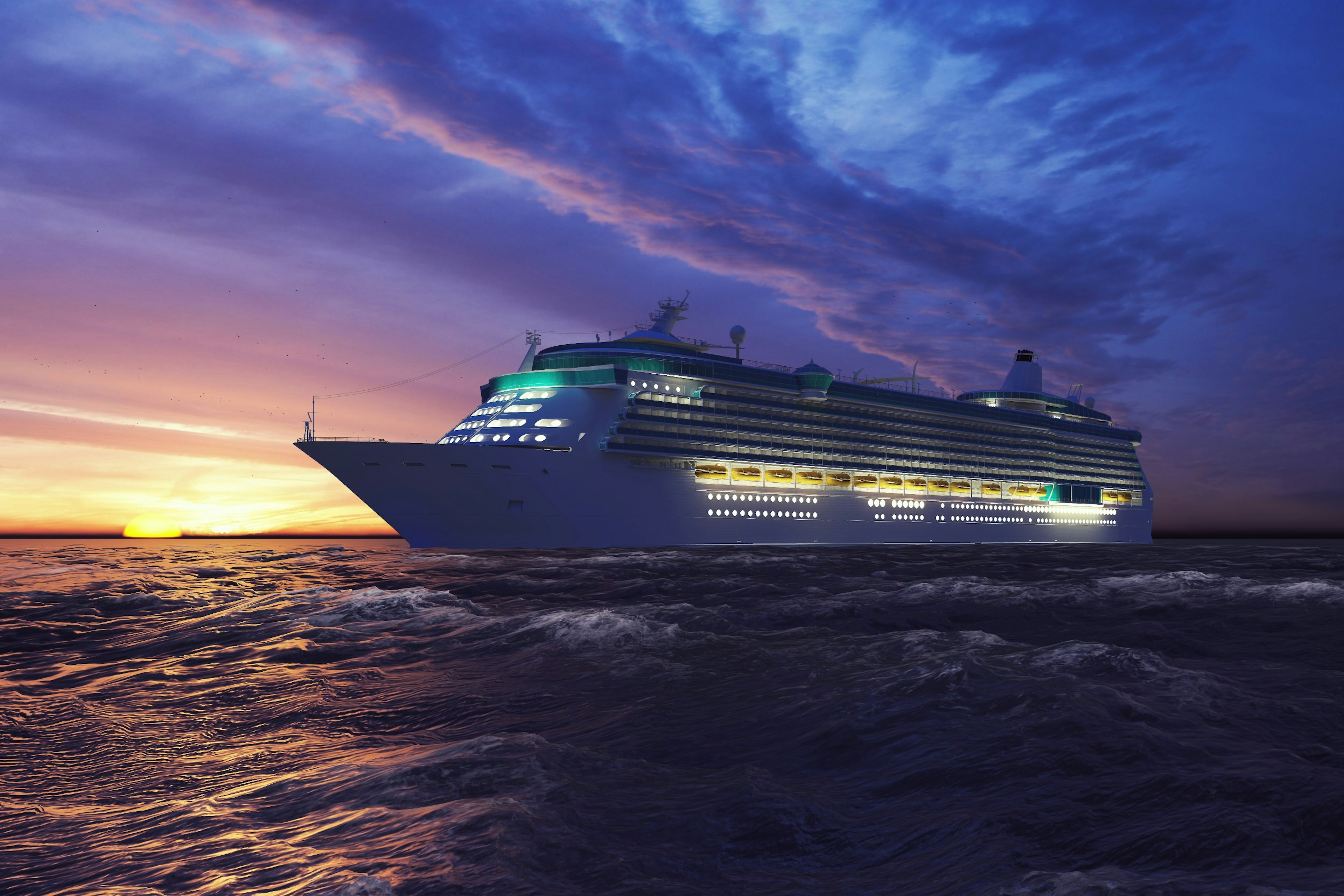 A cruise ship sailing at night