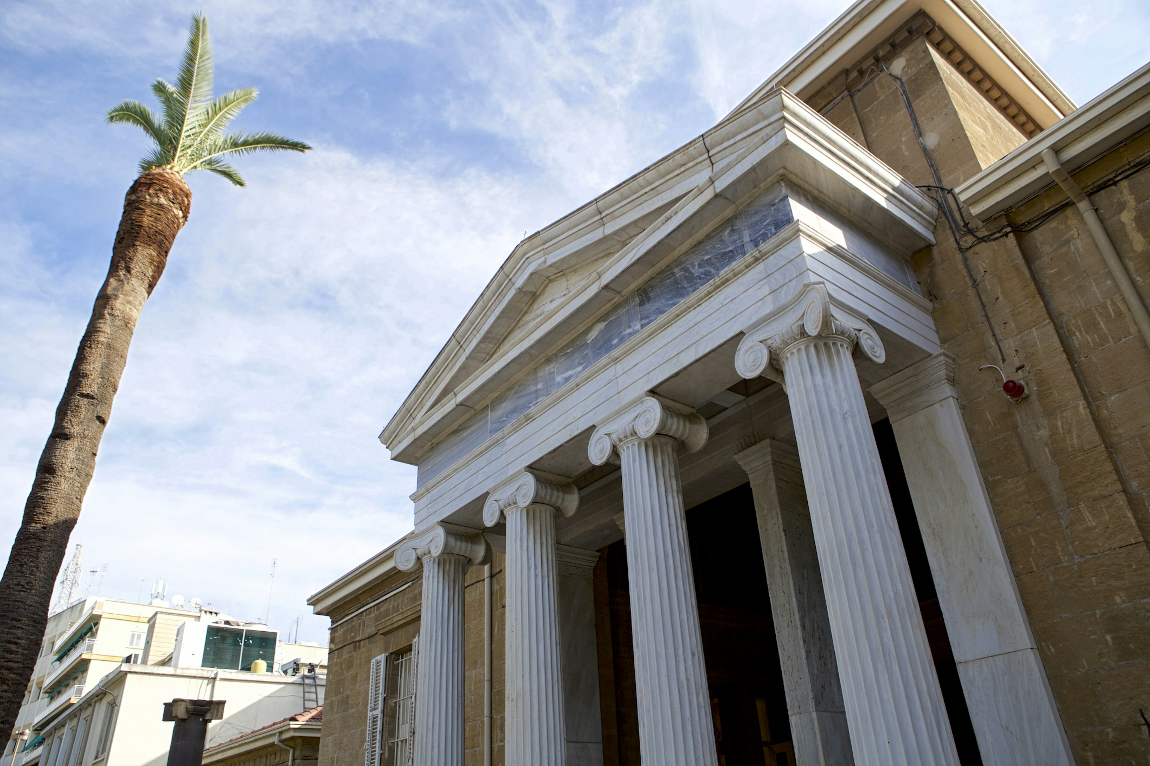 The long columns that dominate the entrance to the Cyprus Museum, Nicosia