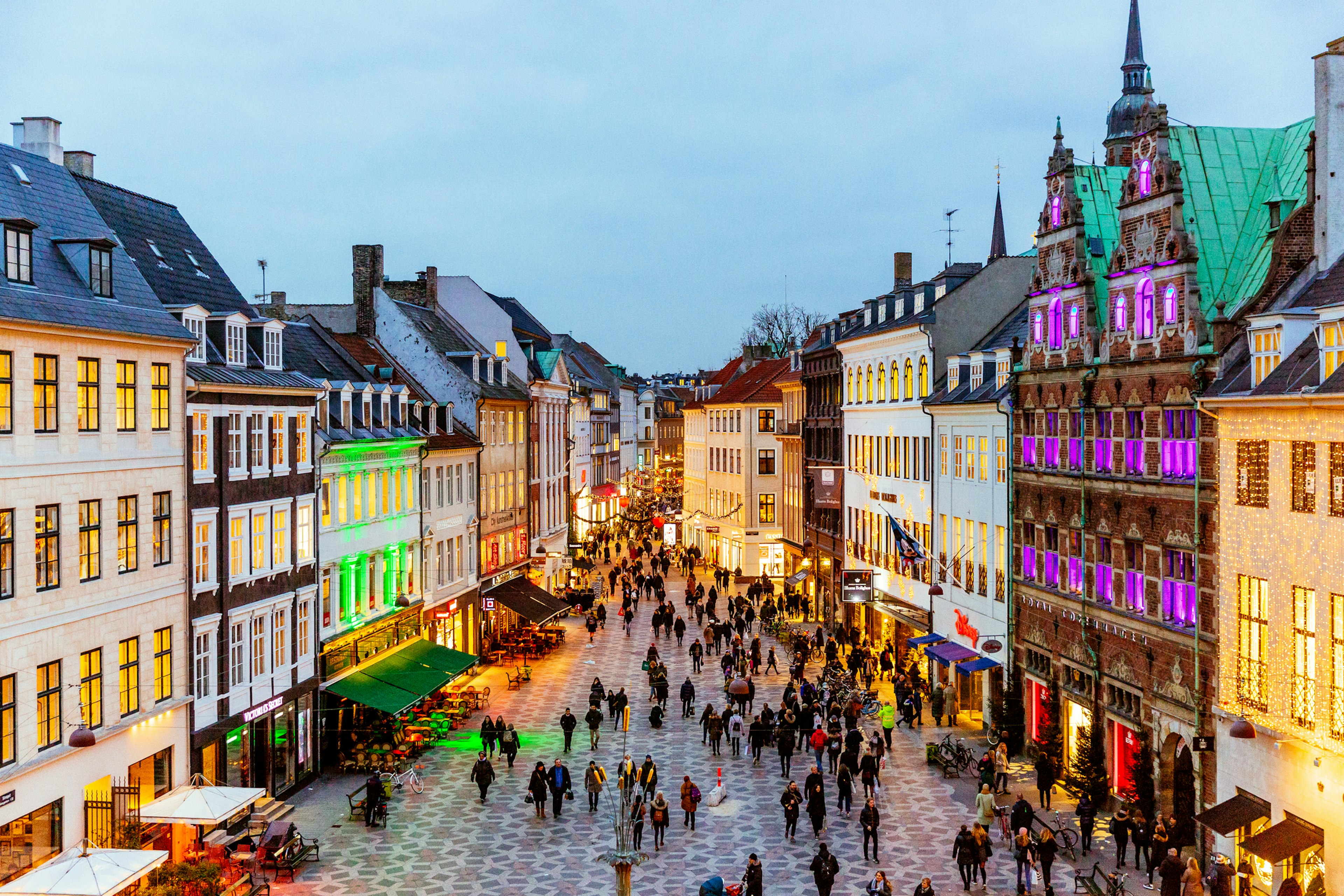 A street in Copenhagen, lit up by Christmas decorations.