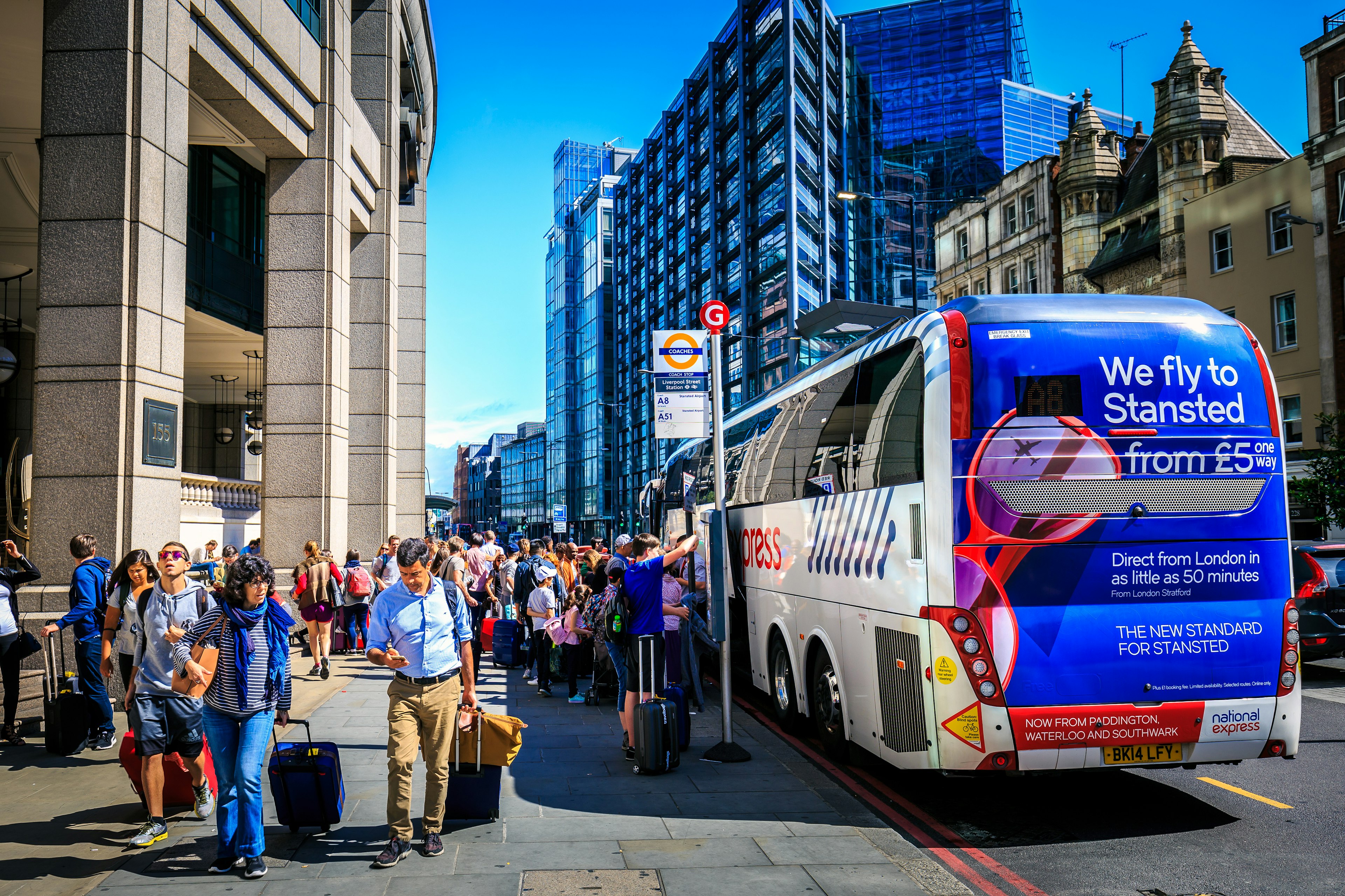 A National Express bus pulls into a stop in London