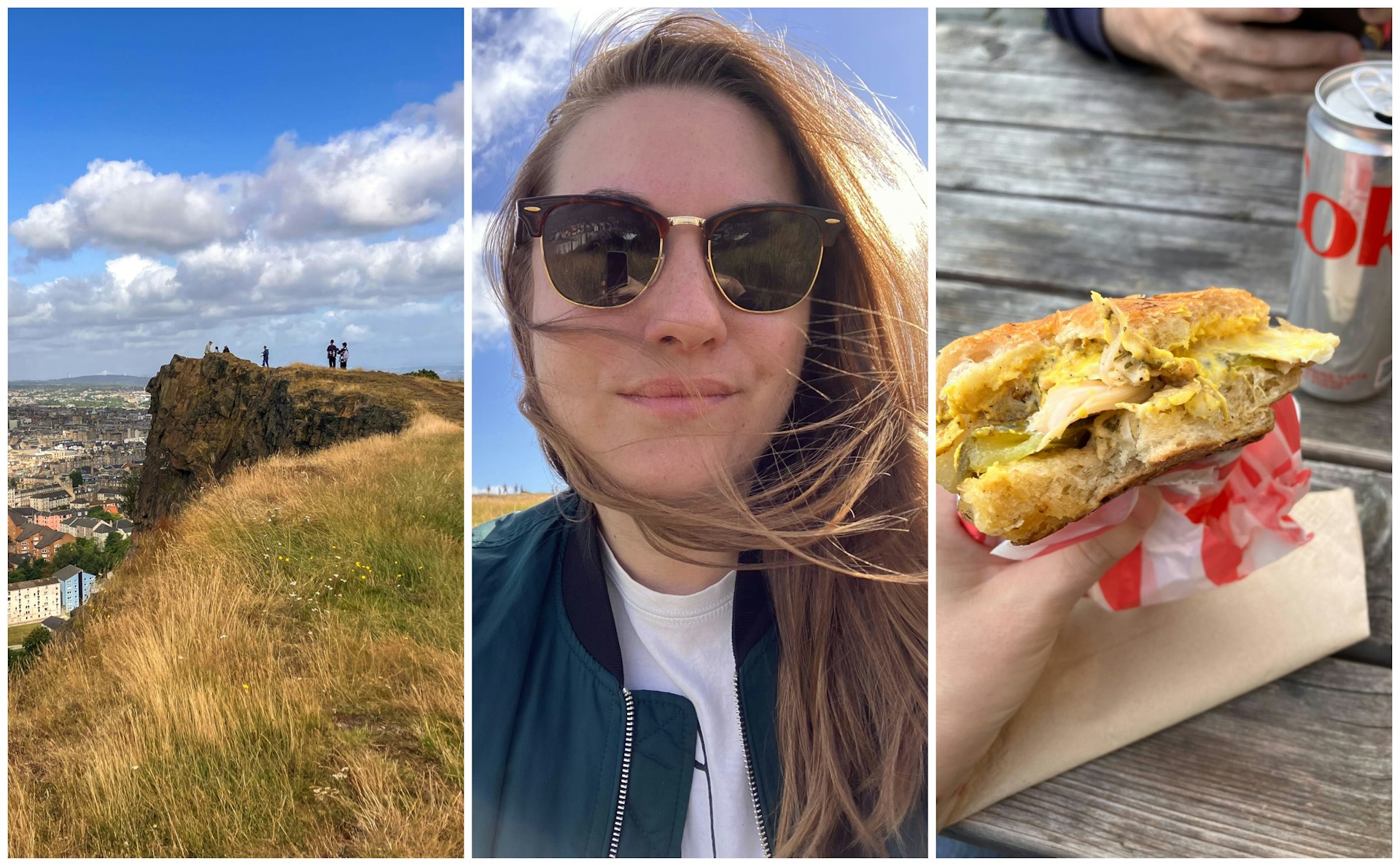 Erin in Edinburgh, having breakfast to-go on Arthur's Seat 