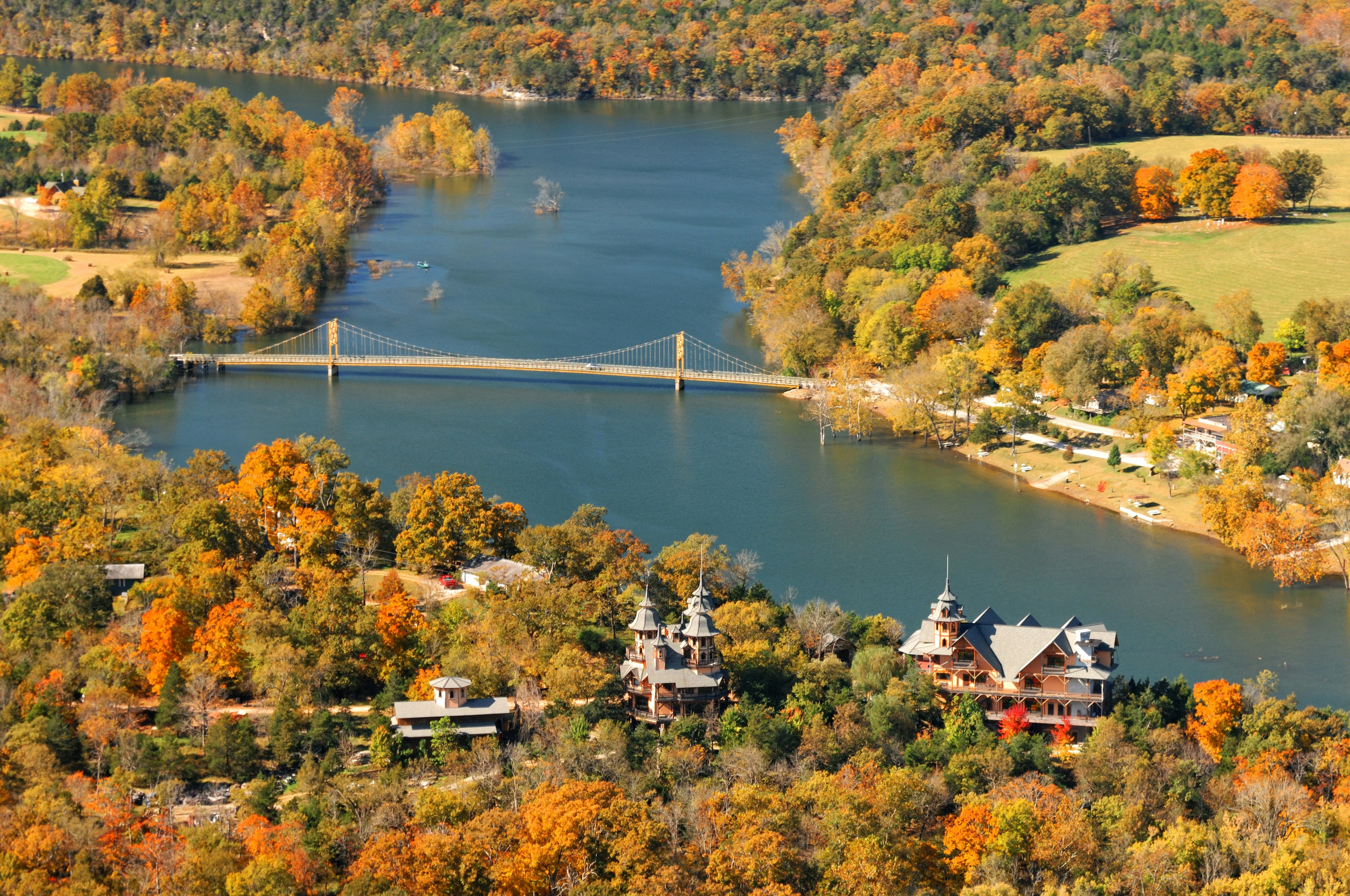 An aerial view of Eureka Springs, Arkansas, in autumn with colorful foliage