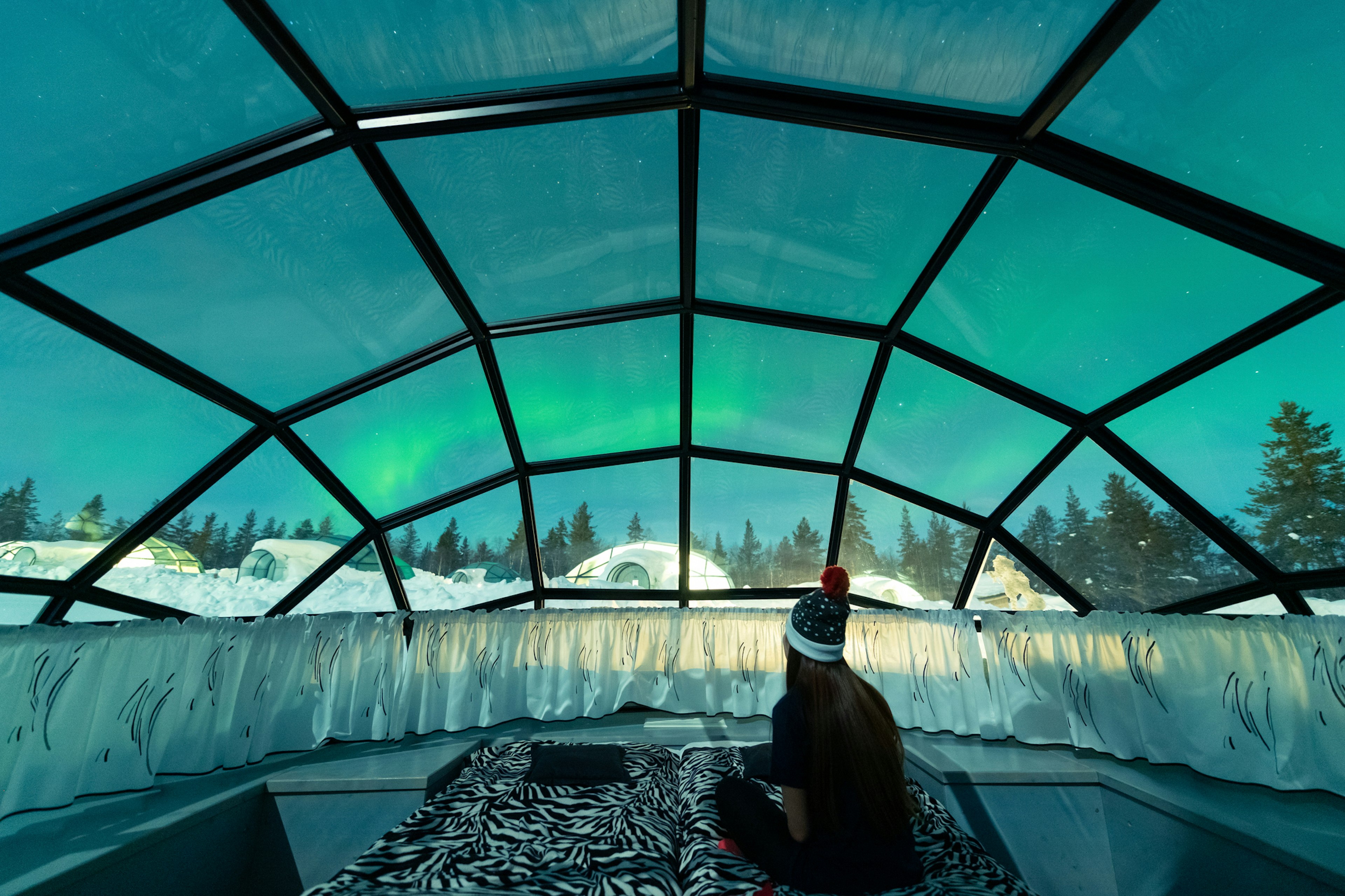 Aurora borealis shining in the night sky seen from glass igloos, Saariselkä, Lapland, Finland