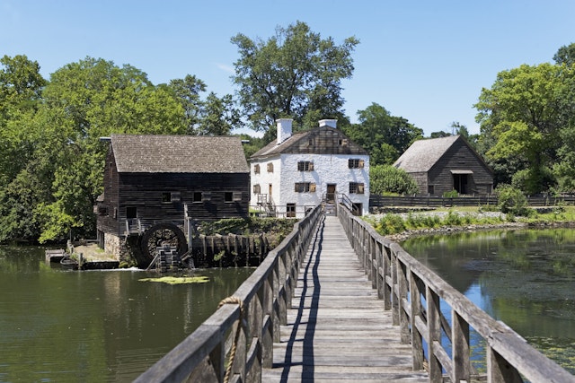 An historic footbridge and Philipsburg Manor in Sleepy Hollow, NY