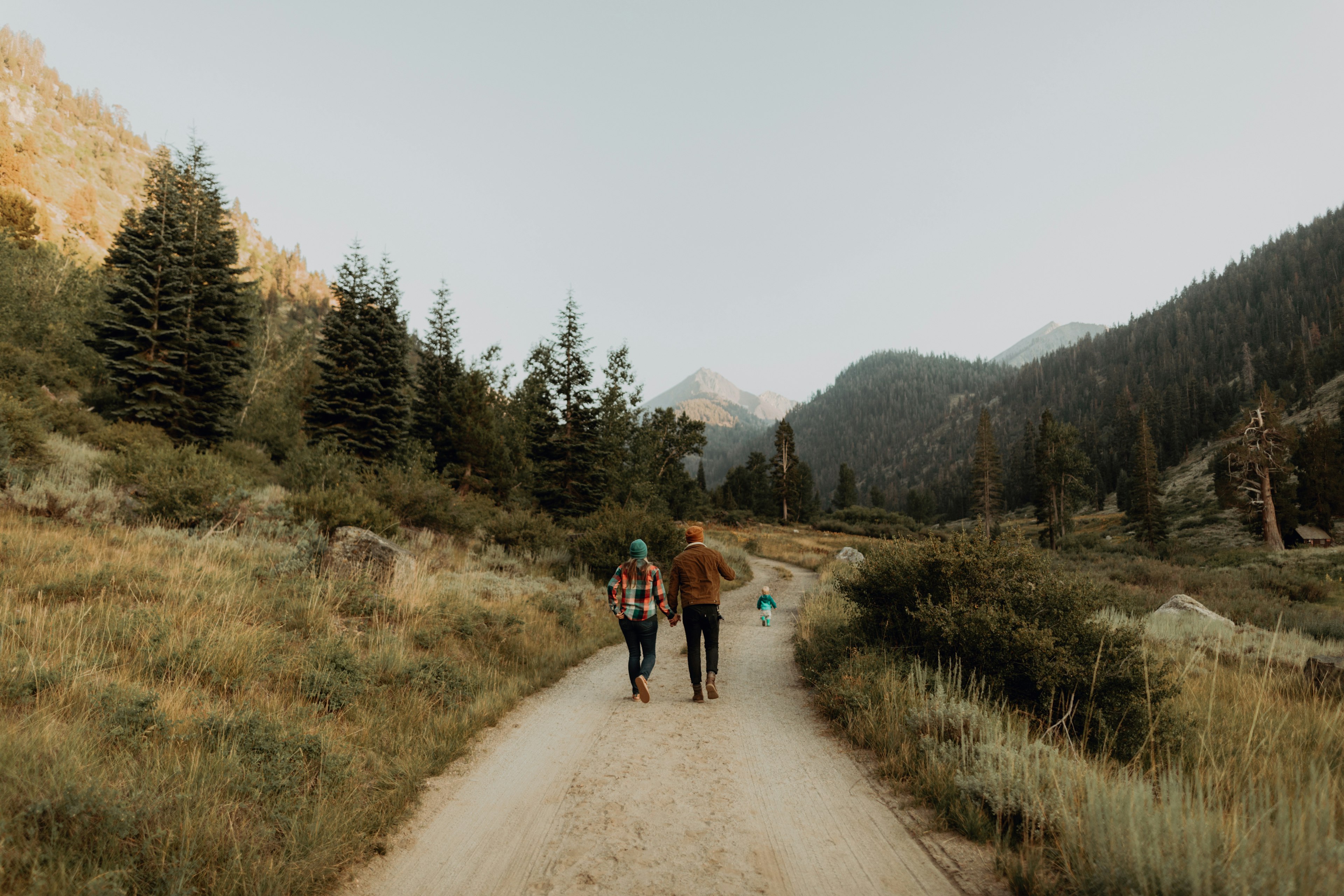 Mid adult couple following toddler daughter walking on rural valley road, rear view, Mineral King, California, USA