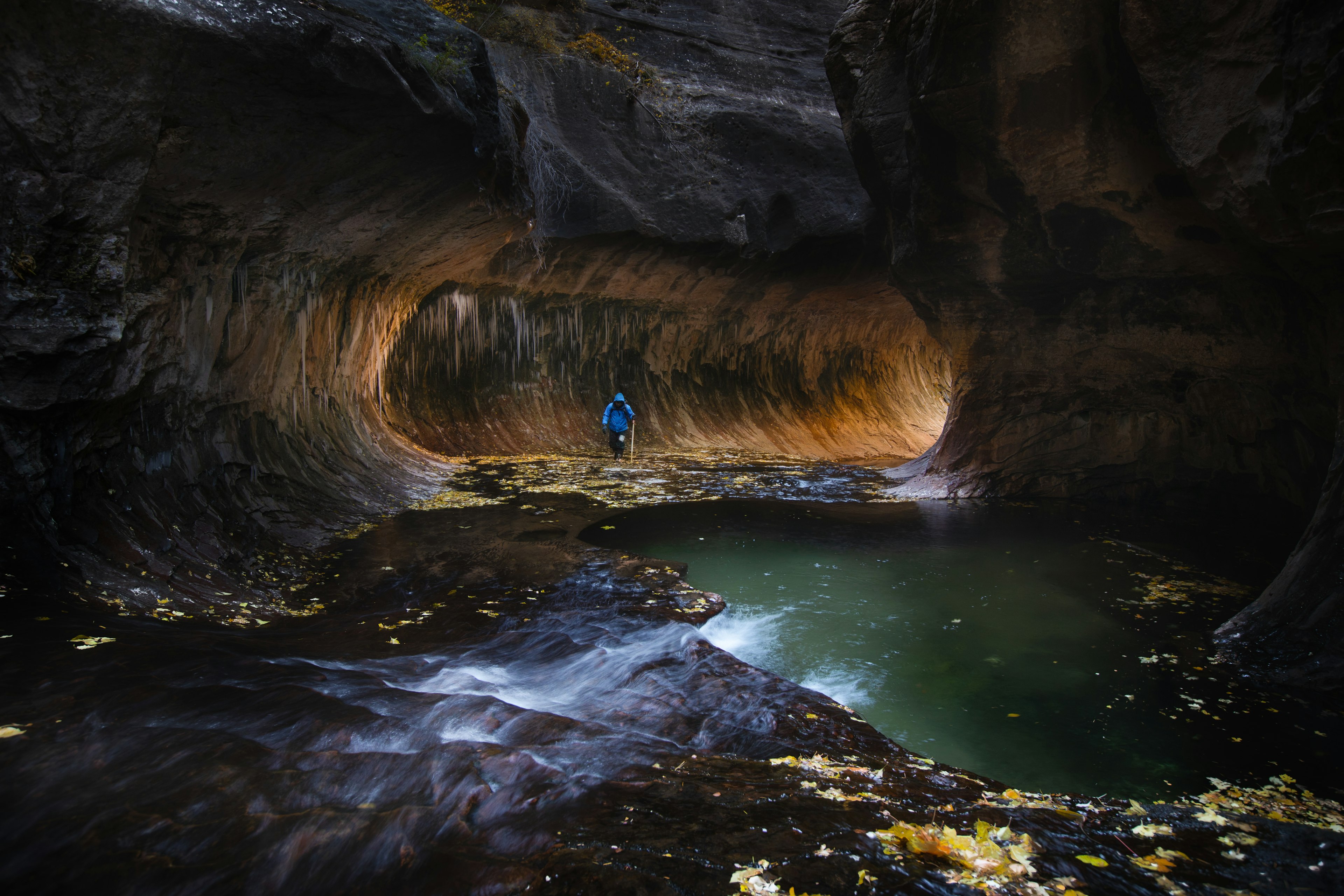 Hiker on the Subway trail in Zion National Park.