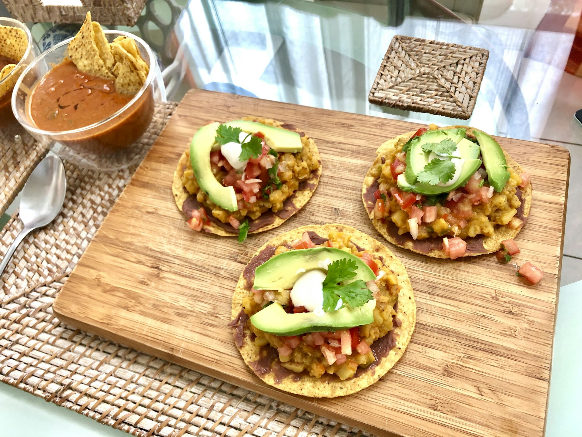 Group of vegan chalupas and tomato soup in Costa Rica