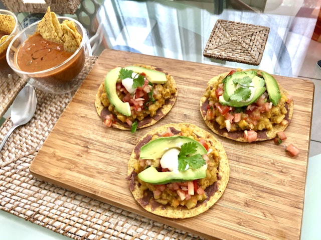 Group of vegan chalupas and tomato soup in Costa Rica