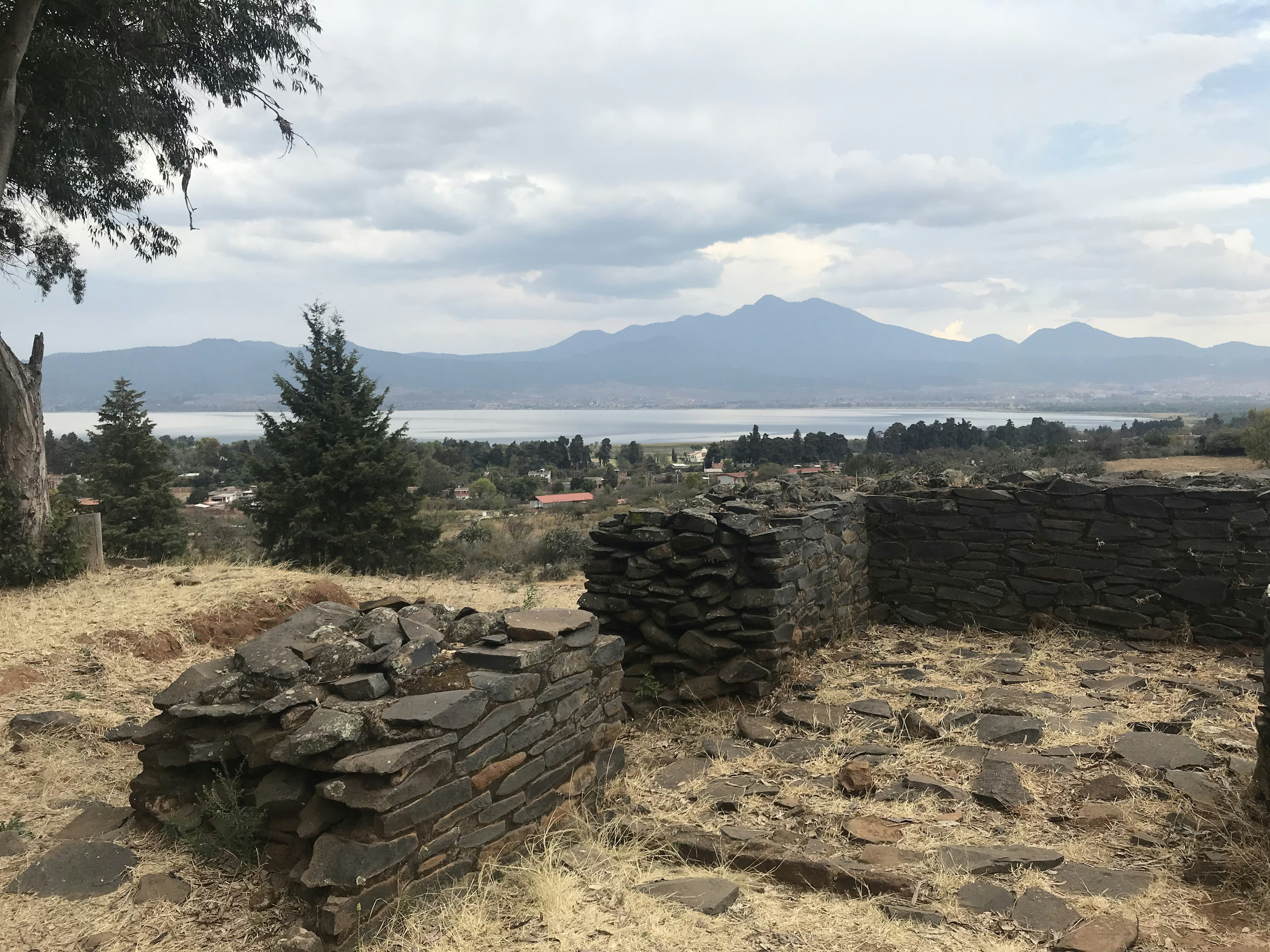 The walls of the palace at the Purepecha ruins of Tzintzuntzan, Mexico, overlooking Pátzcuaro Lake