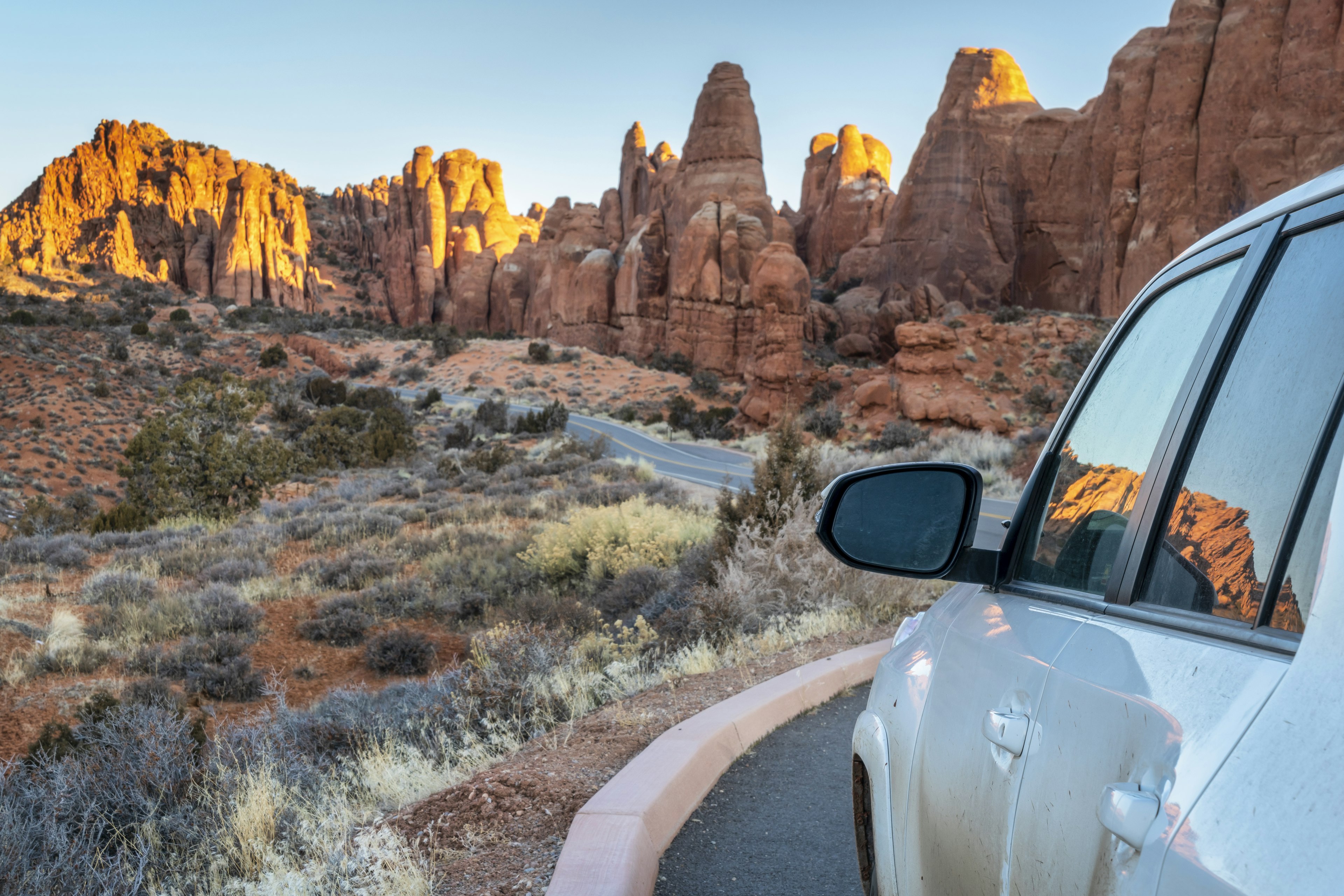 A sunrise drive through Arches National Park near Moab, Utah