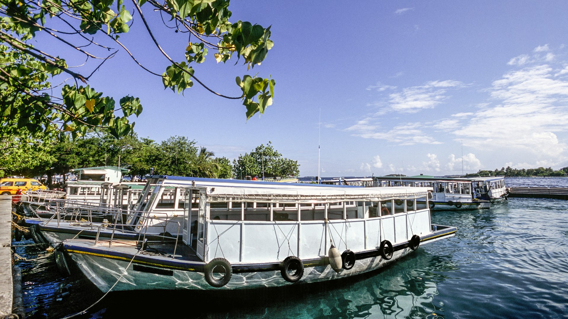 Maldives, North Malé atoll, passenger ferry dhoni boats in harbour