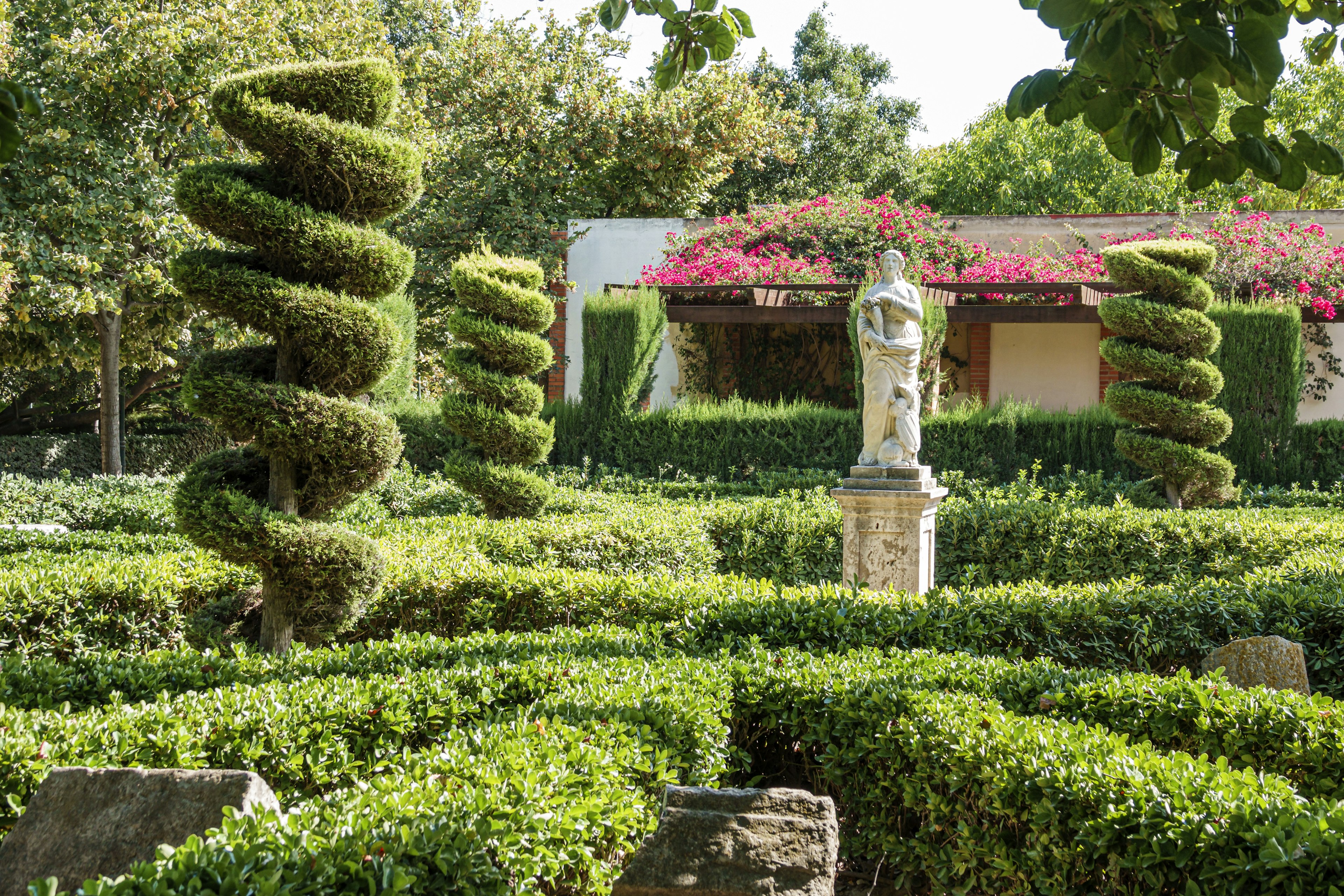 A statue of a woman holding roses in the Viveros Royal Garden, Valencia with three twisting topiary shrubs positioned around the statue and some hanging pink roses in the background.