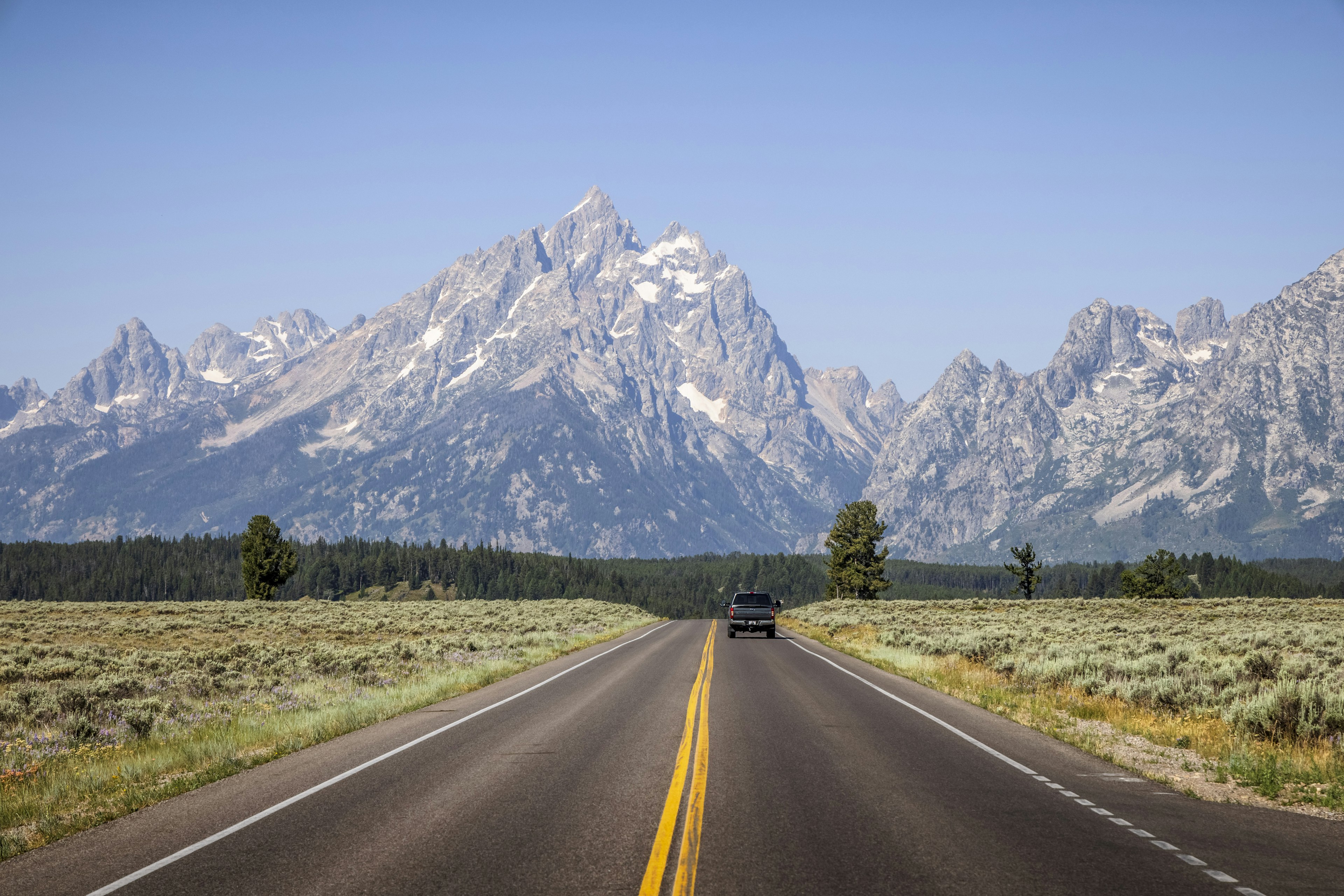 Summer highway views on a road trip in Grand Teton National Park