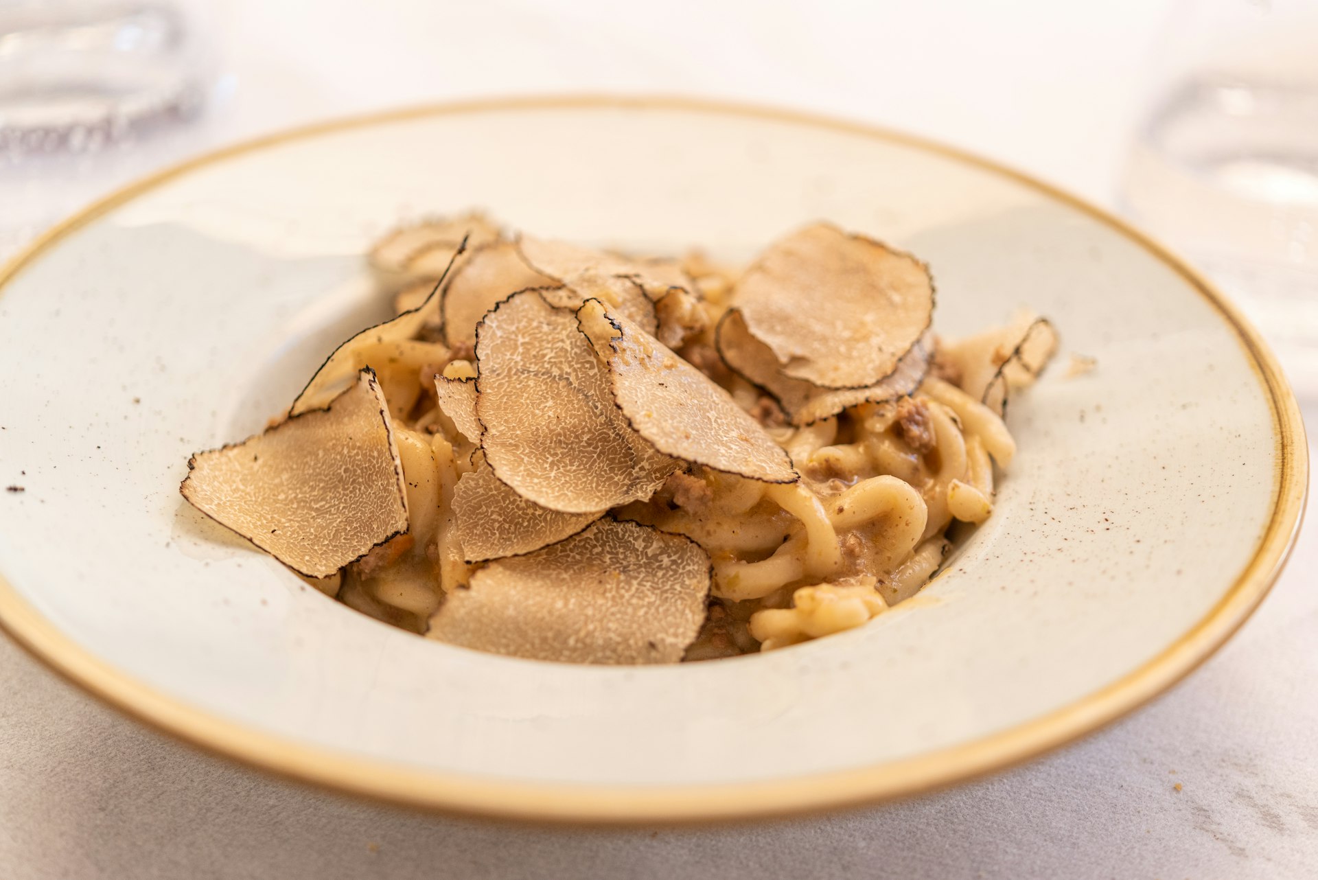 A bowl of pasta with truffles and wild boar ragu