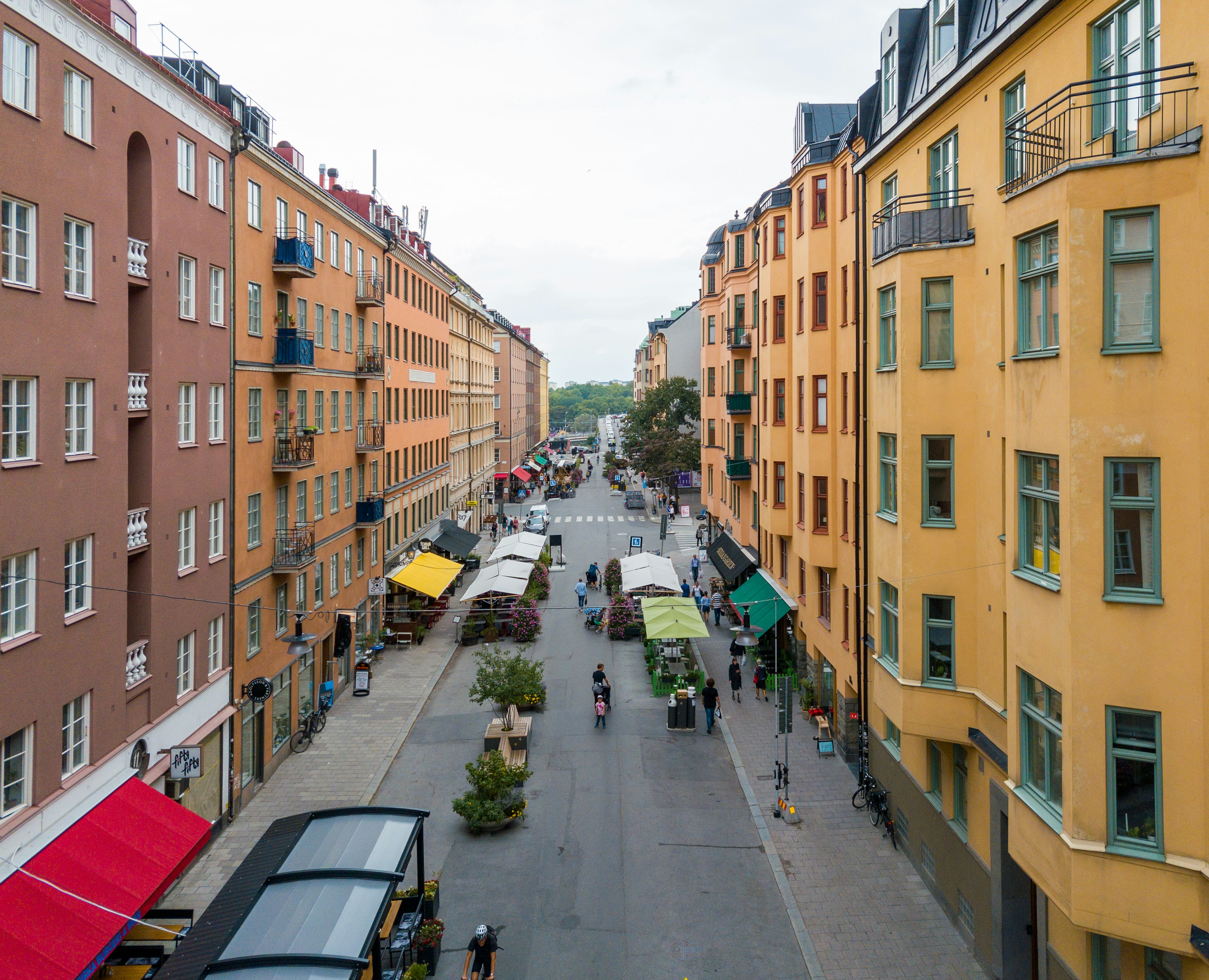 An elevated view of colorful apartment buildings in Rörstrandsgatan, a central street in the Vasastan district of Stockholm