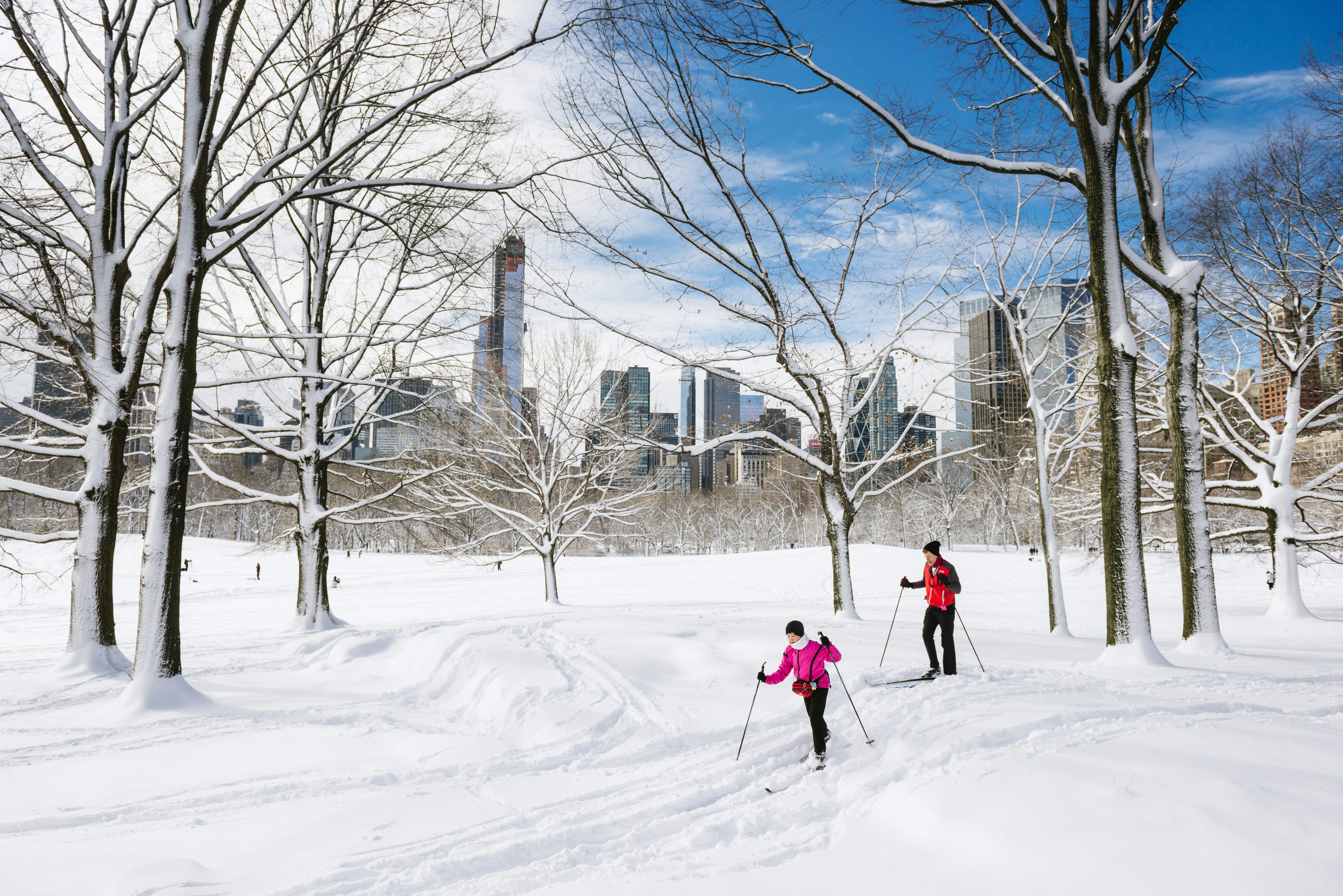 Crosscountry skiers step their way through thick snow in a city park