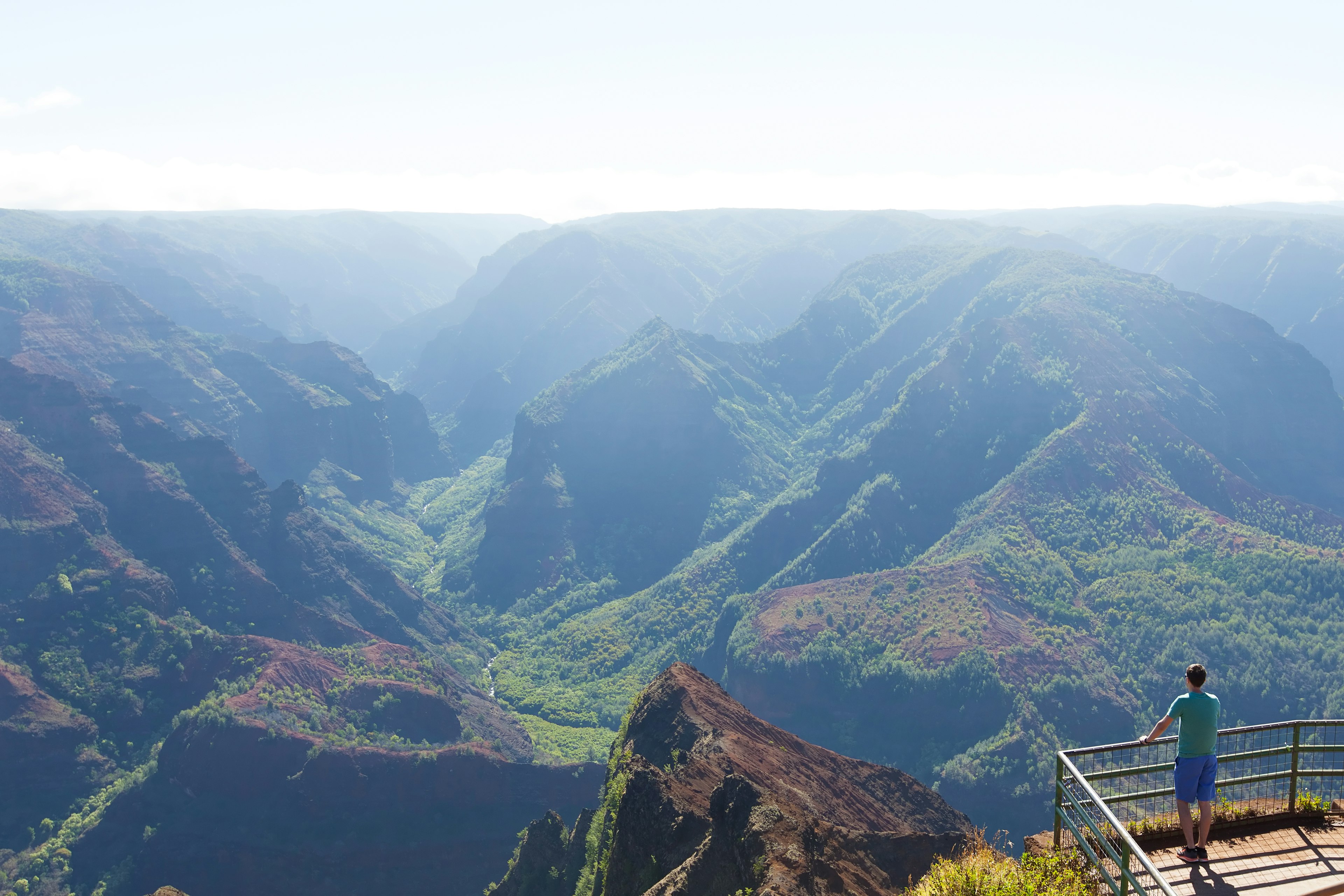 Young man enjoying the beautiful view of Waimea canyon at Kauai island, Hawaii