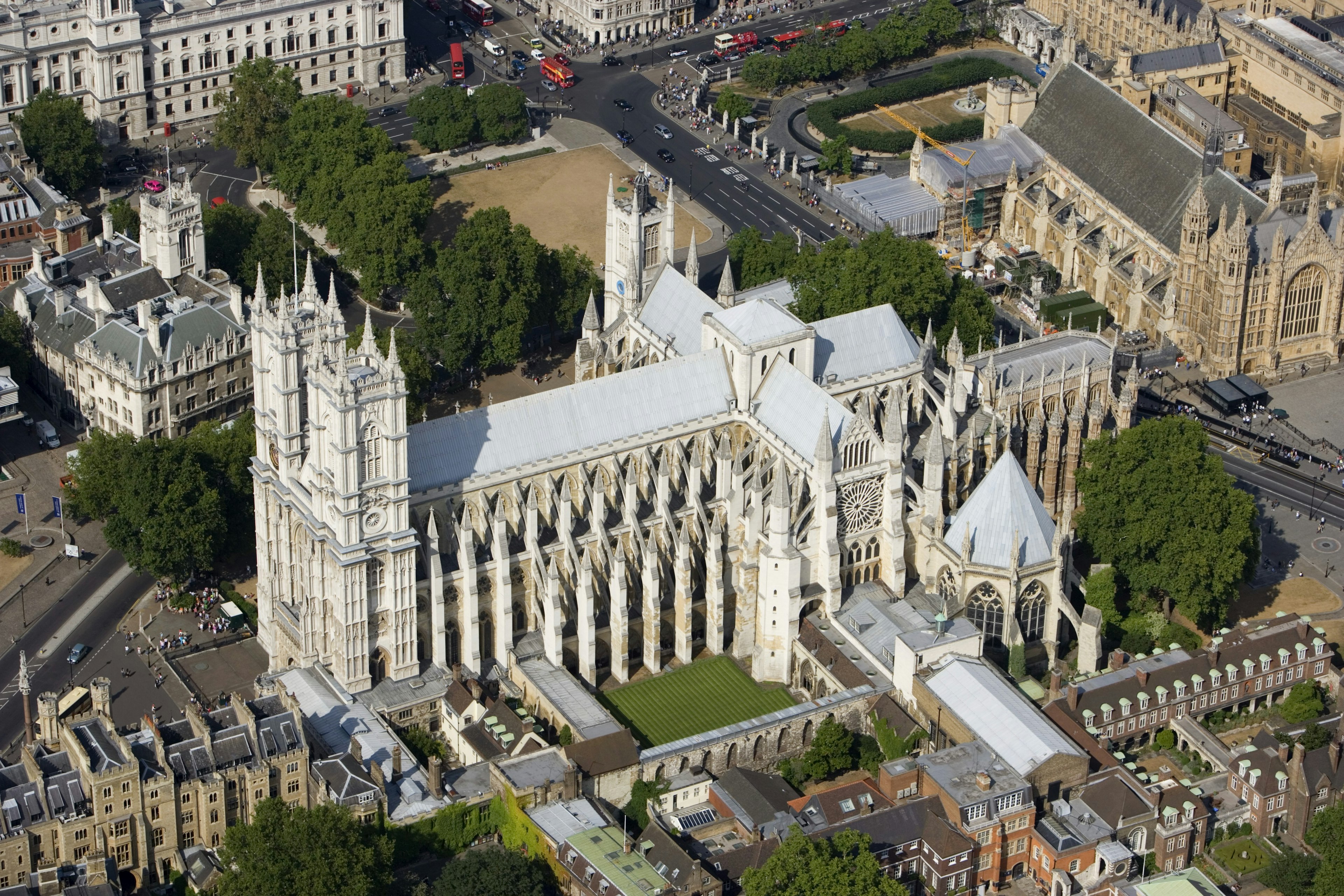 An aerial view of Westminster Abbey, London.