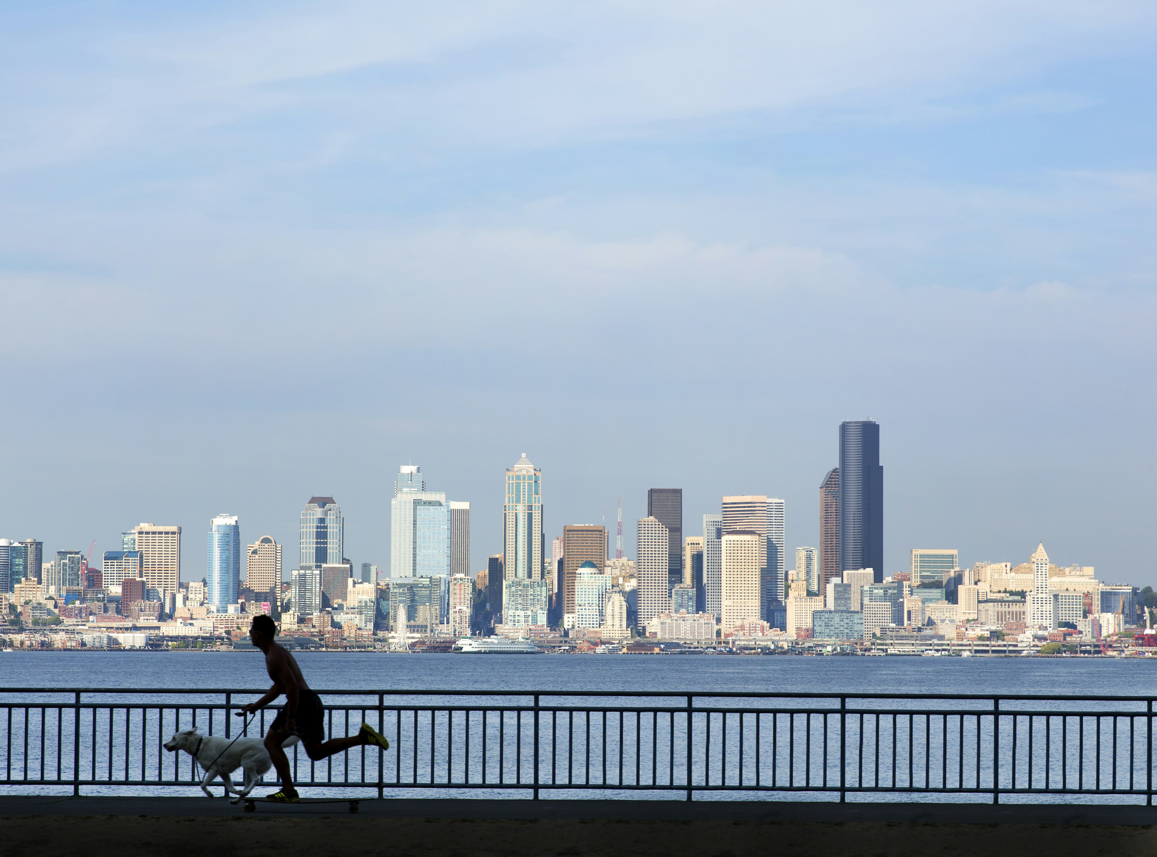 Silhouette of a runner with a dog on the waterfront, with the Seattle skyline in the background