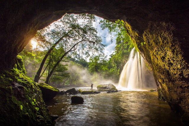 Amazing beautiful waterfalls in deep forest at Haew Suwat Waterfall in Khao Yai National Park, Thailand