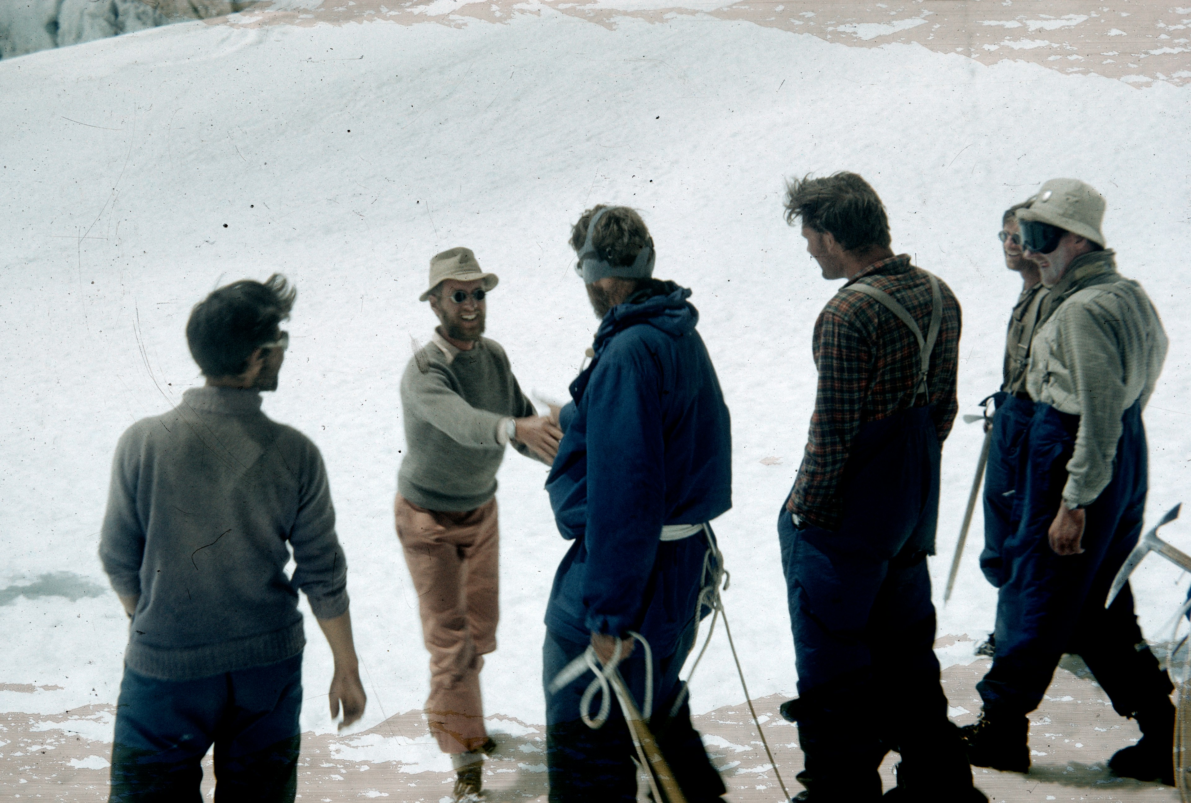 Edmund Hillary being congratulated by James Morris