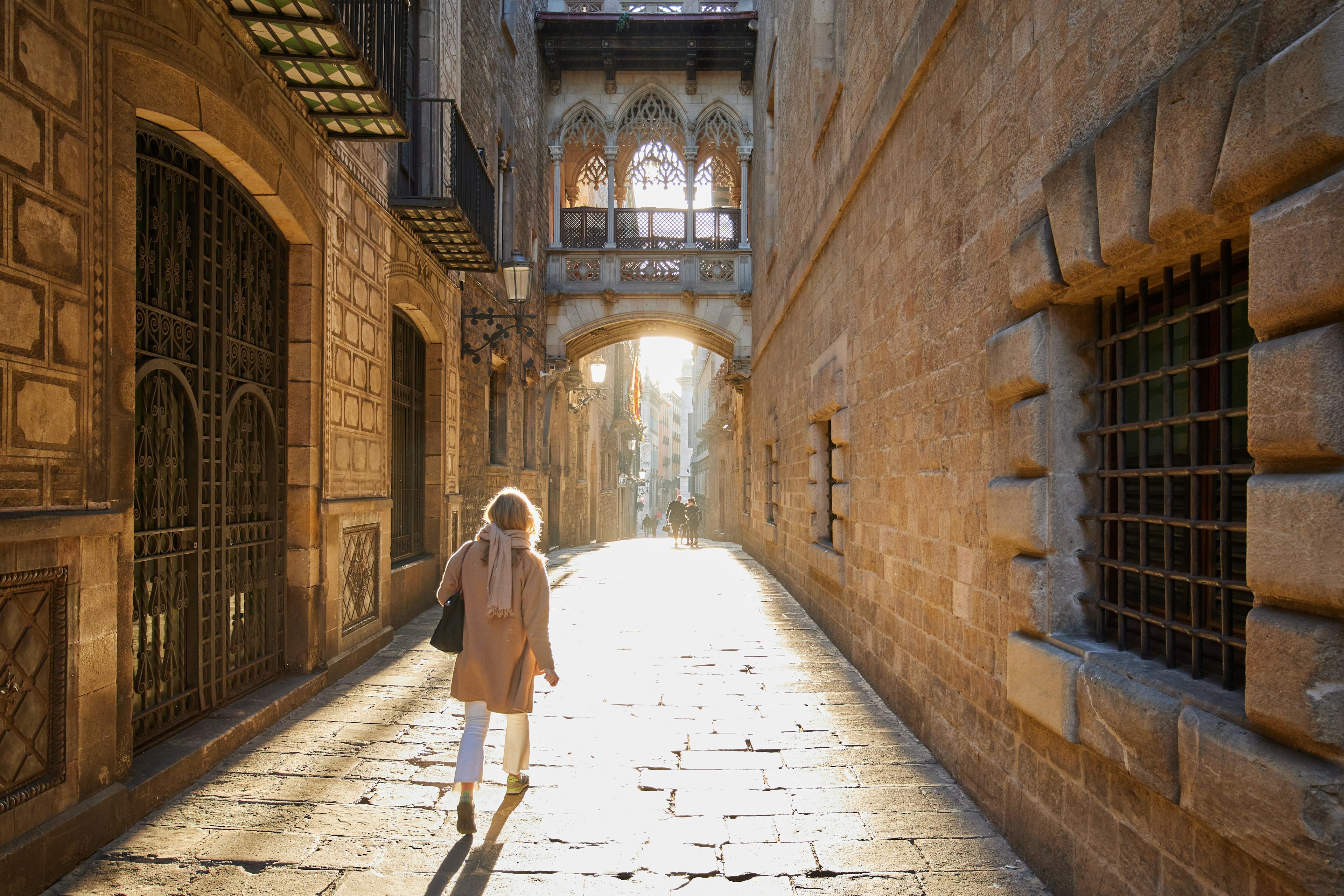 A woman walks down an alleyway towards an intricately decorated Gothic bridge