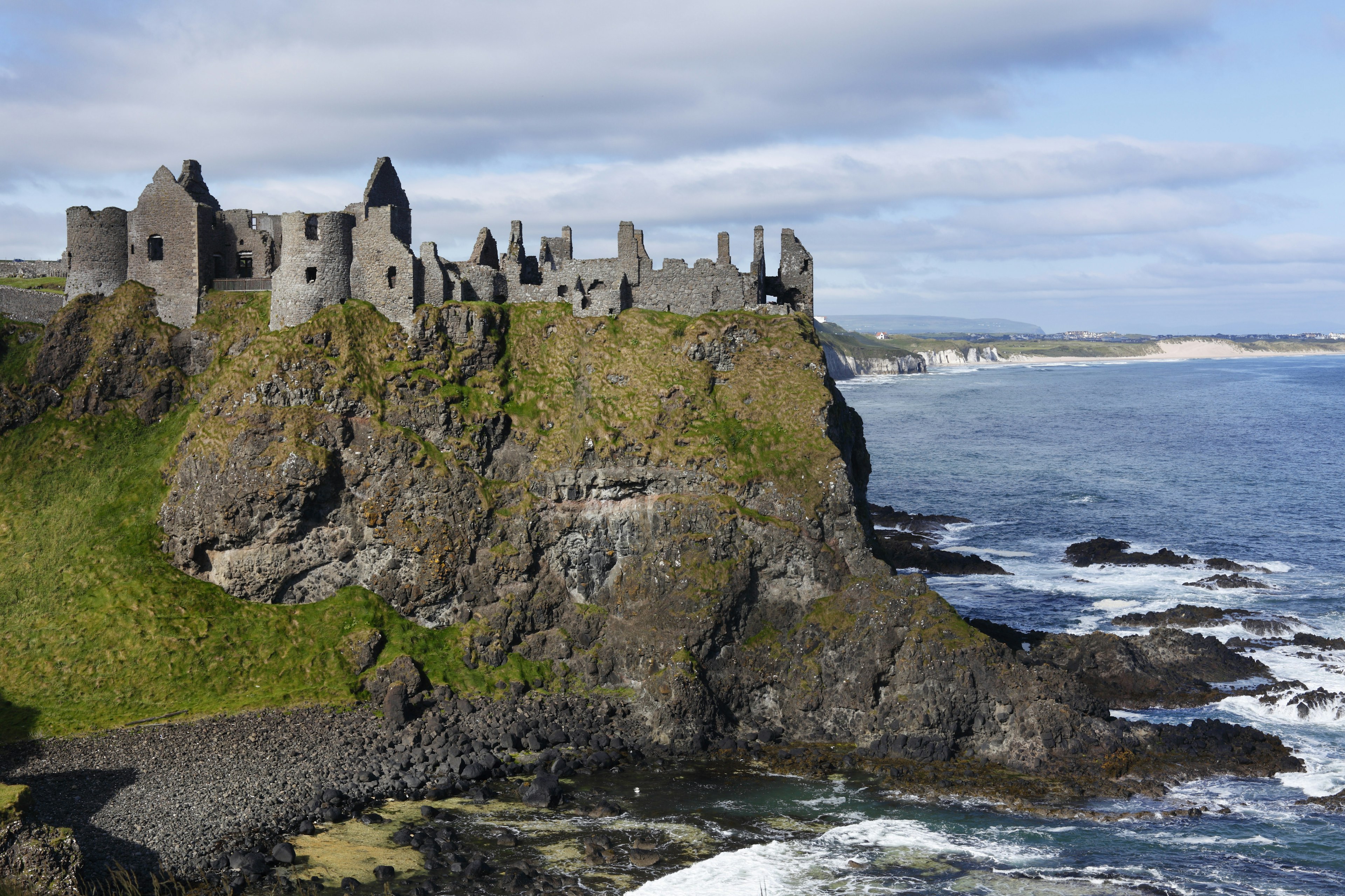 Dunluce Castle, looking towards the gleaming cliffs of Whiterocks